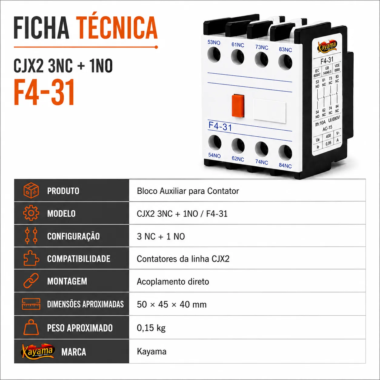 Bloco Auxiliar CJX2 3NC + 1NO - KAYAMA — imagem 8