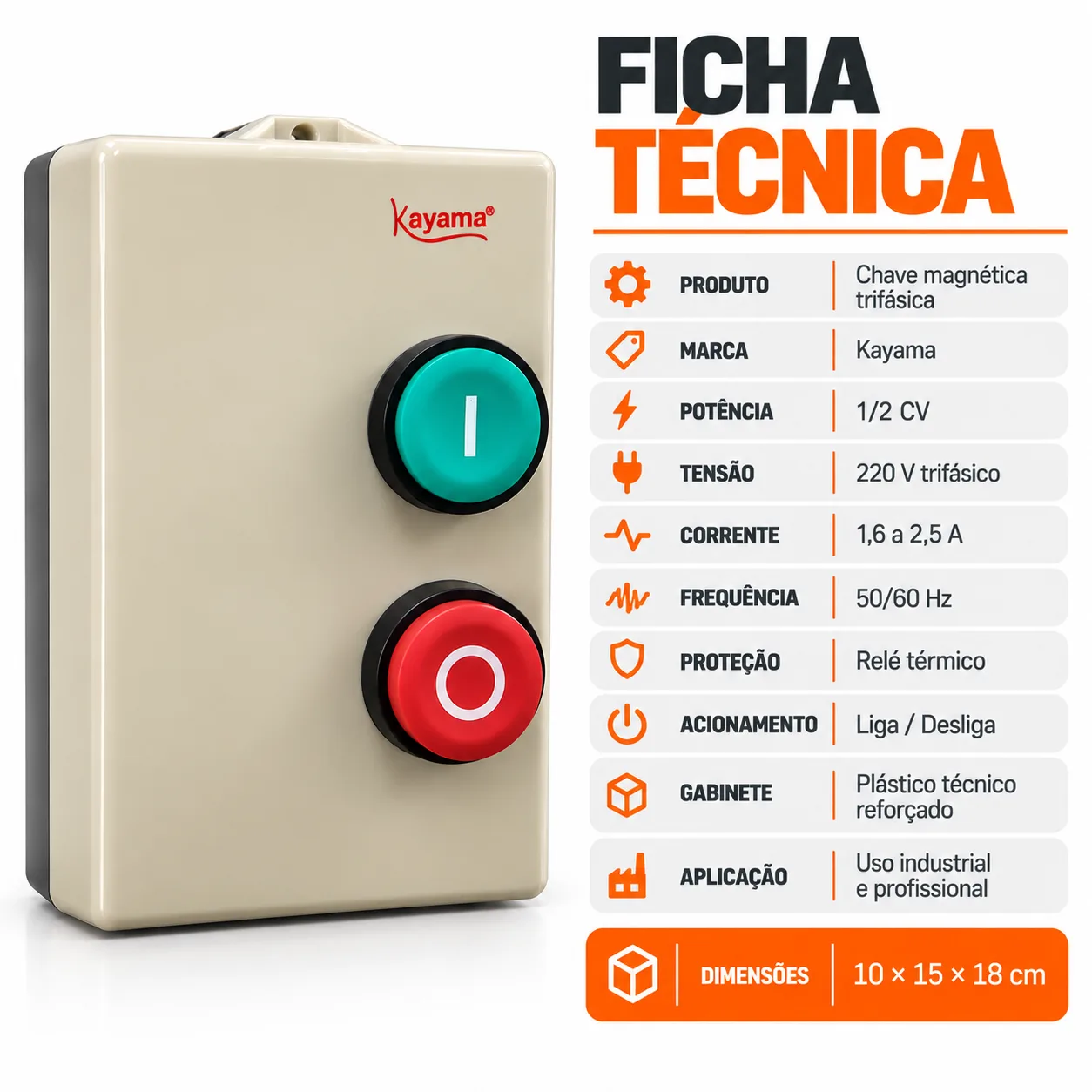 Chave de Partida Direta Trifásica 0,5 CV - 220 V - 50/60 HZ - KAYAMA — imagem 6
