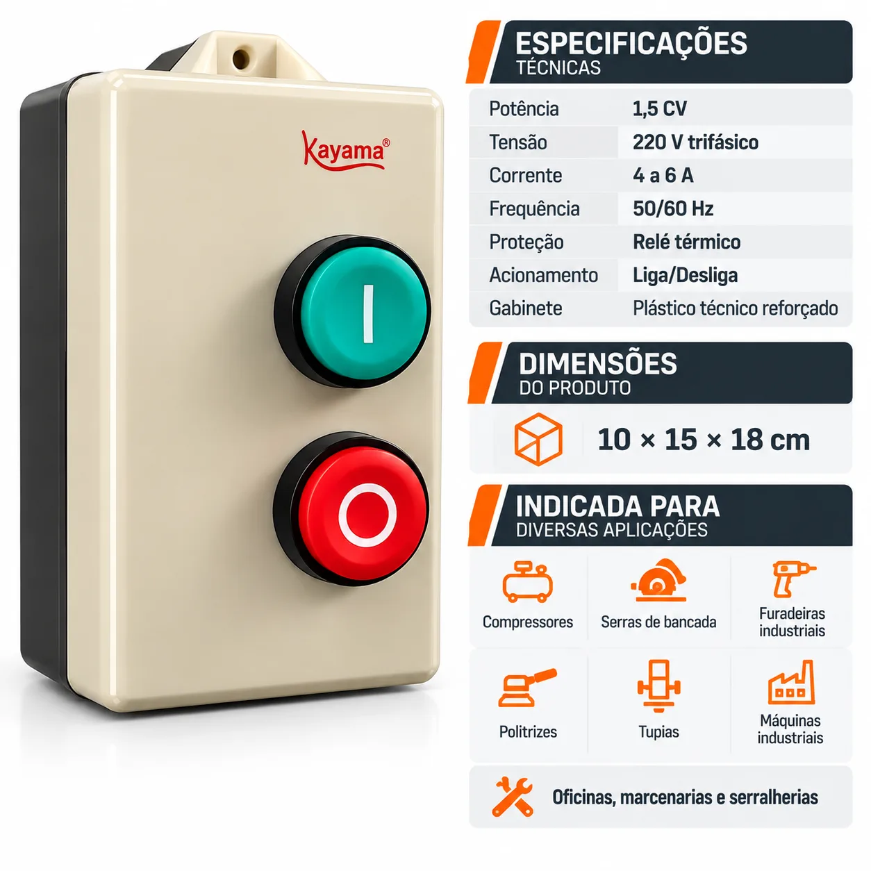 Chave de Partida Direta Trifásica 1,5 CV - 220 V - 50/60 HZ - KAYAMA — imagem 3