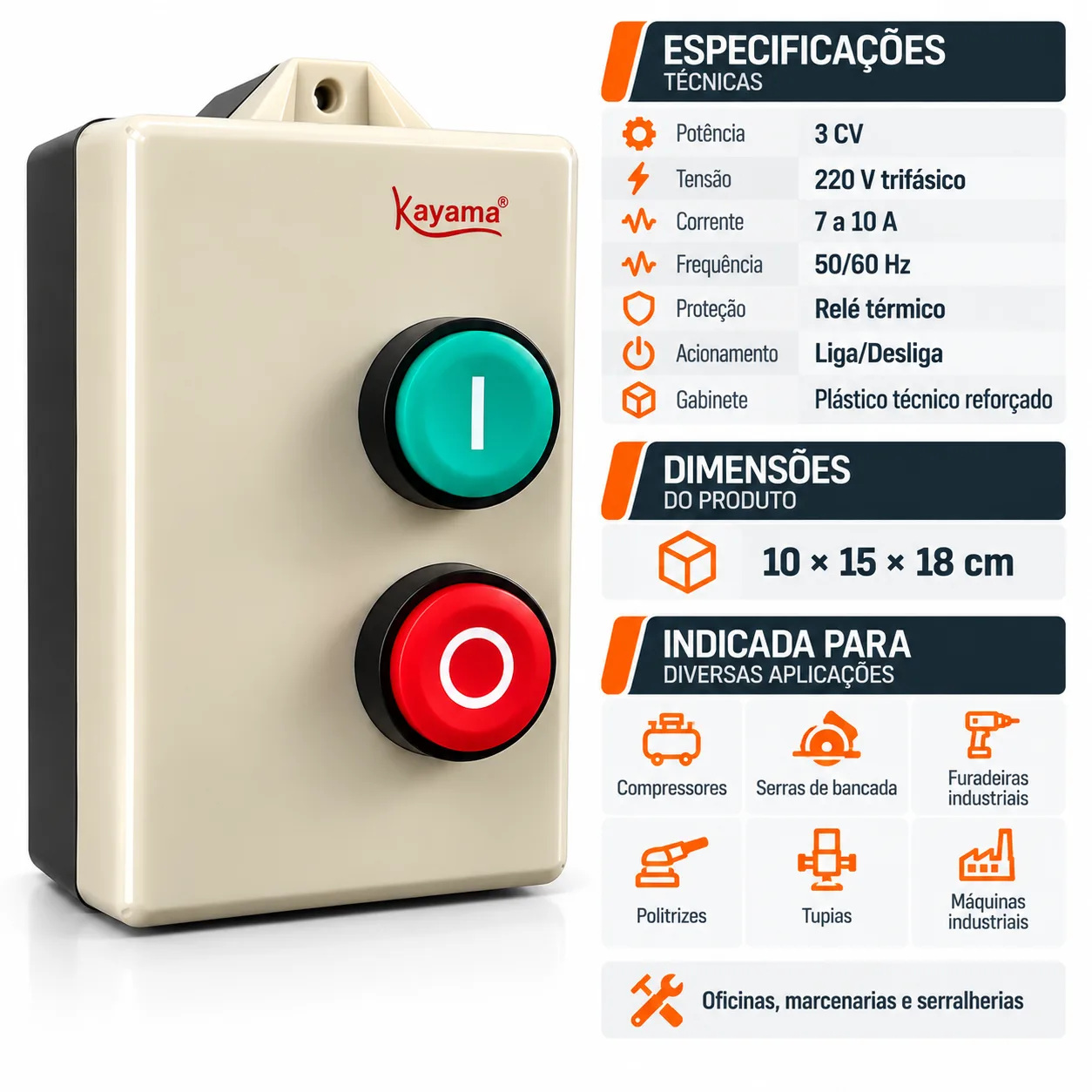 Chave de Partida Direta Trifásica 3 CV - 220 V - 50/60 HZ - KAYAMA — imagem 3