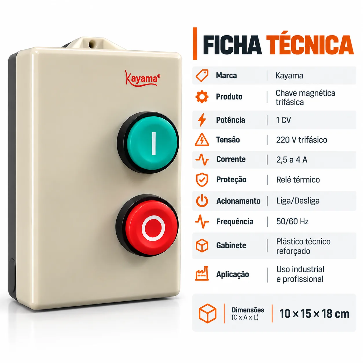 Chave de Partida Direta Trifásica1 CV - 220 V - 50/60 HZ - KAYAMA — imagem 6