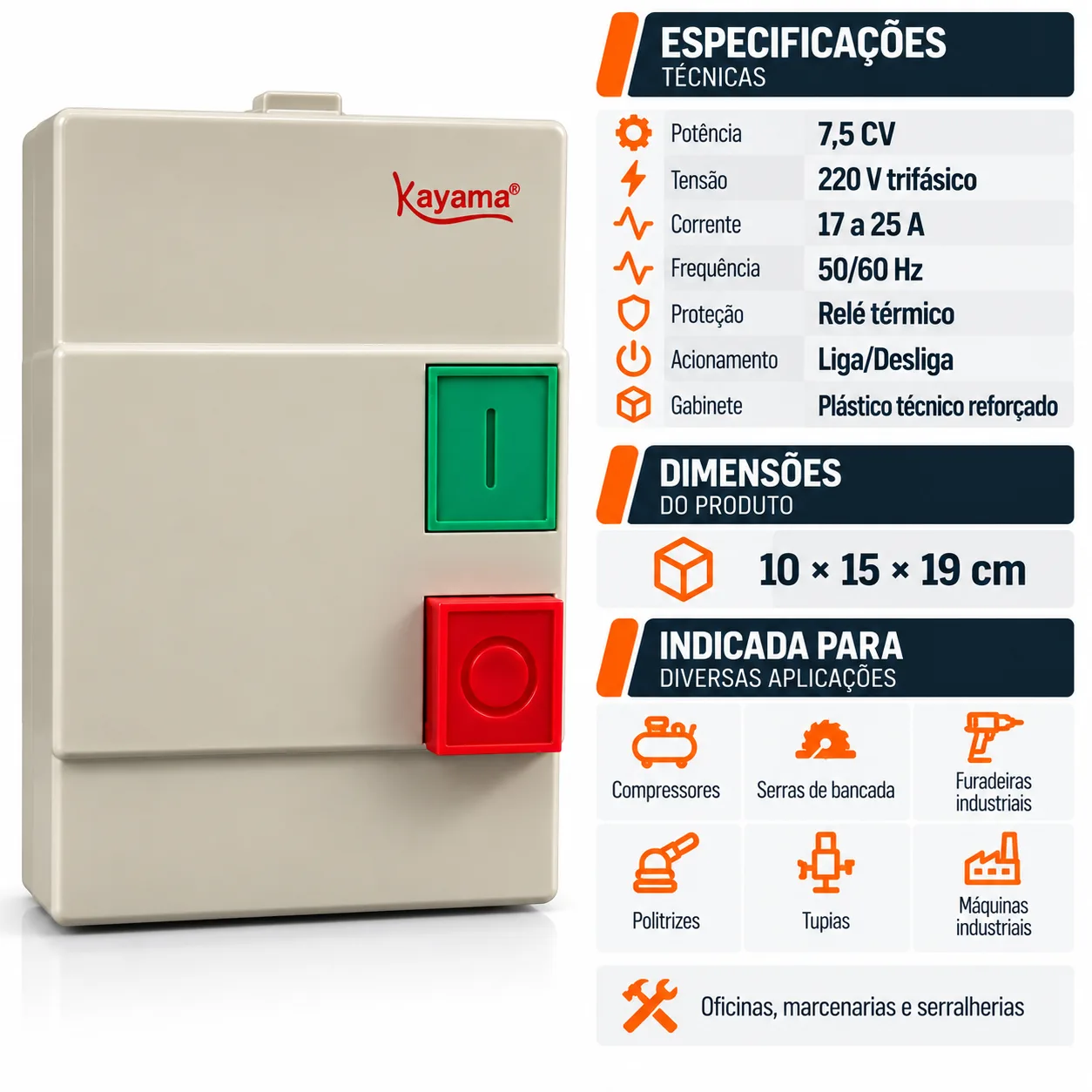 Chave de Partida Direta Trifásica 7,5 CV - 220 V - 50/60 HZ - KAYAMA — imagem 3