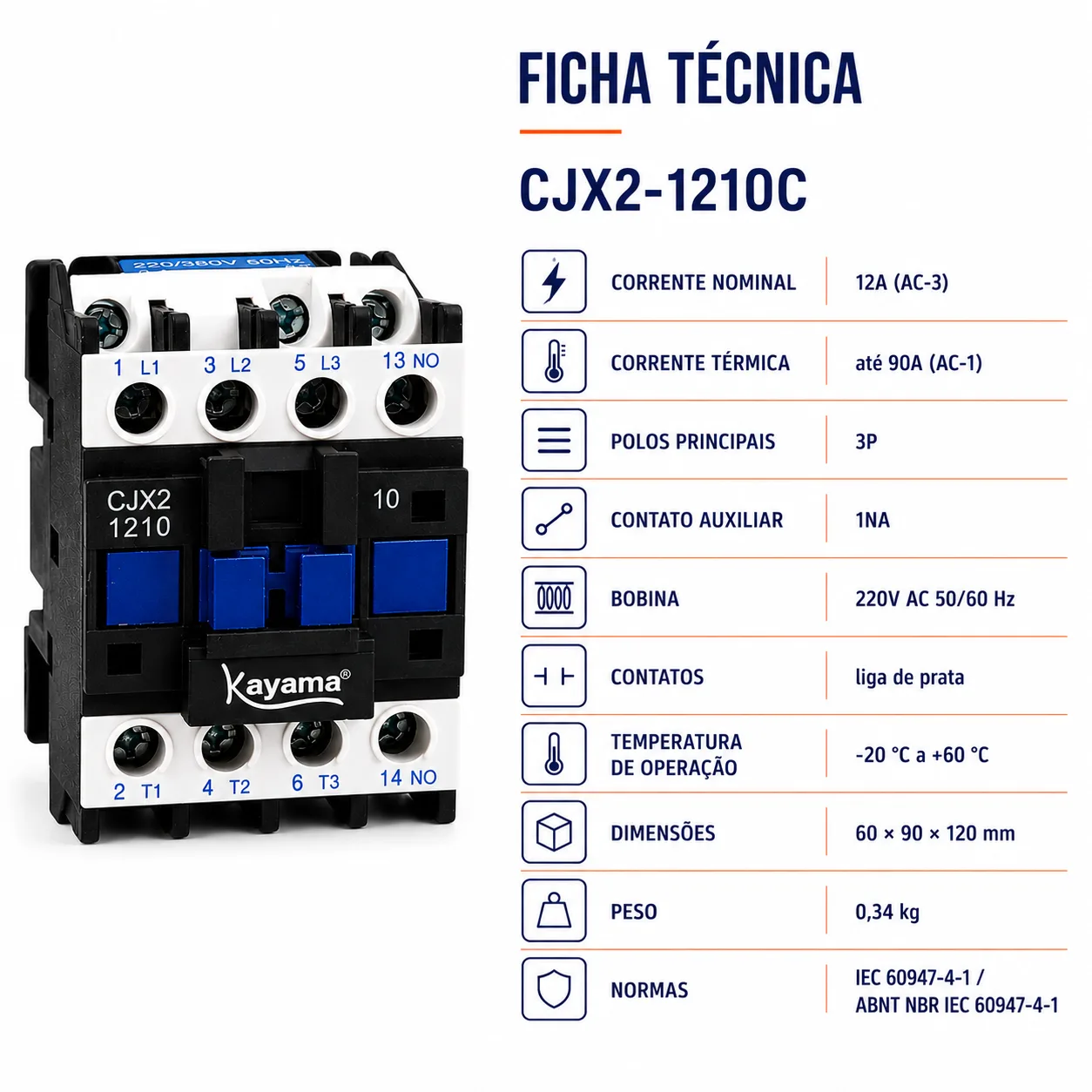 Contator Tripolar CJX2-1210C - 220V- 50/60 HZ - KAYAMA — imagem 6