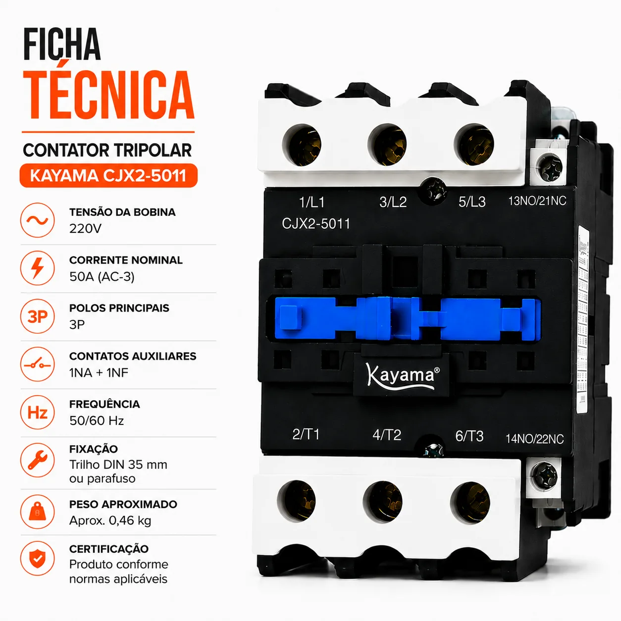 contator Tripolar CJX2-5011B - 220V- 50/60 HZ - KAYAMA — imagem 9
