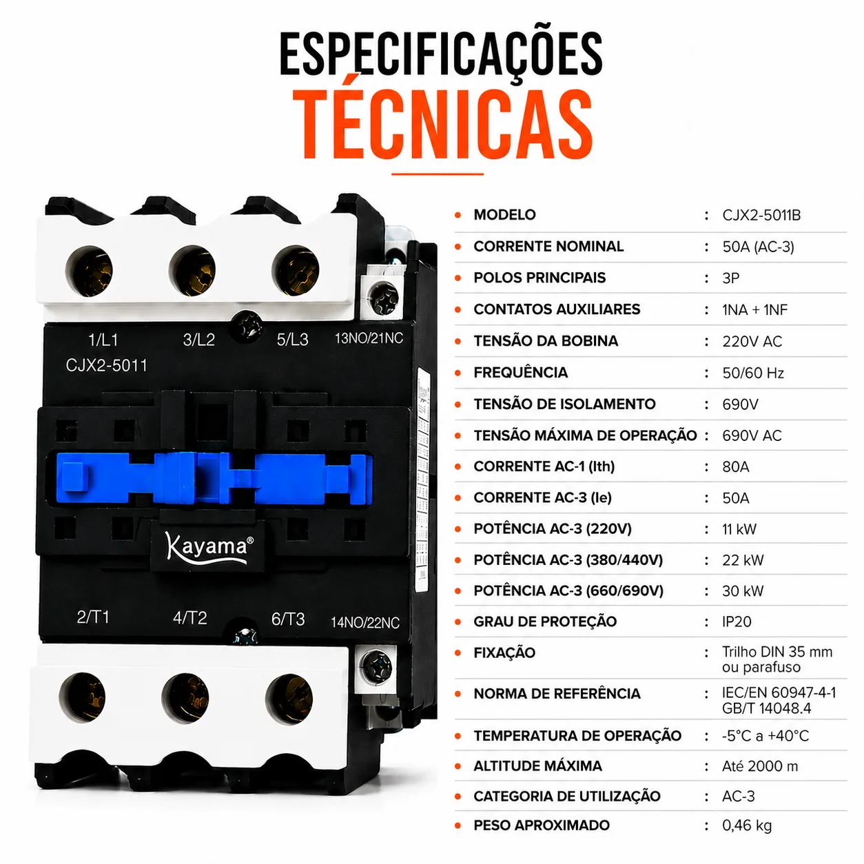 contator Tripolar CJX2-5011B - 220V- 50/60 HZ - KAYAMA — imagem 10