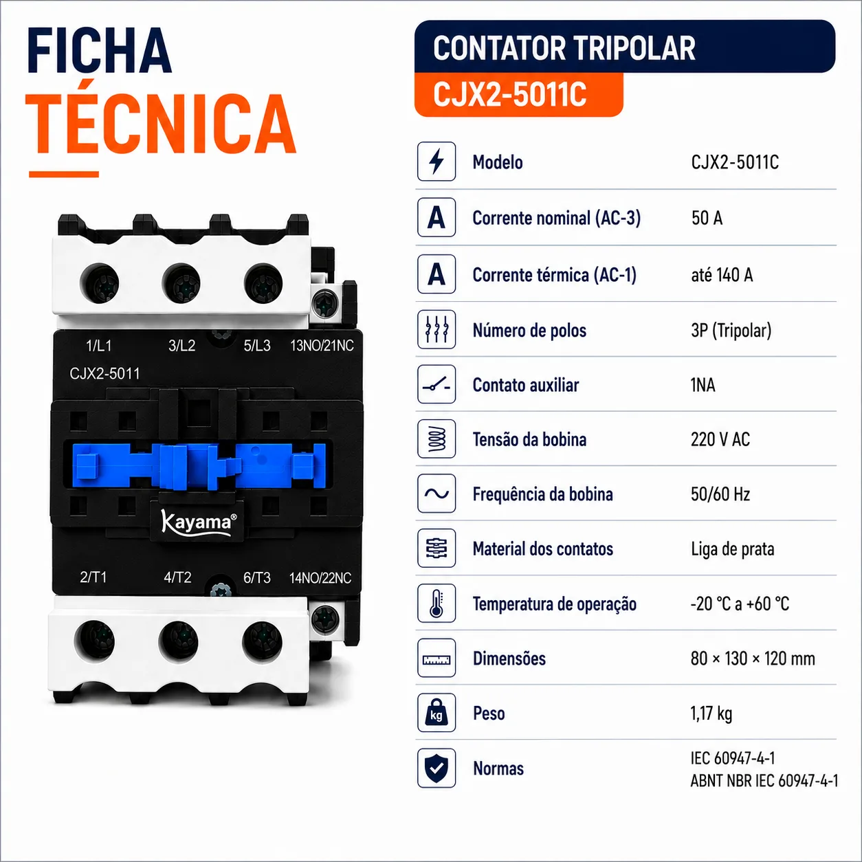 contator Tripolar CJX2-5011C - 220V- 50/60 HZ - KAYAMA — imagem 9