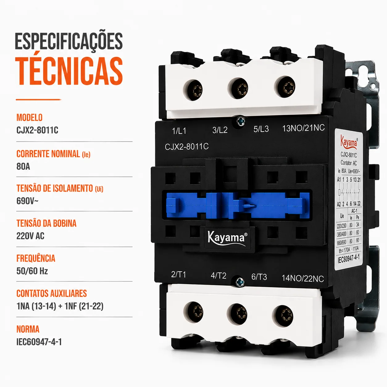 contator Tripolar CJX2-8011C - 220V- 50/60 HZ - KAYAMA — imagem 7