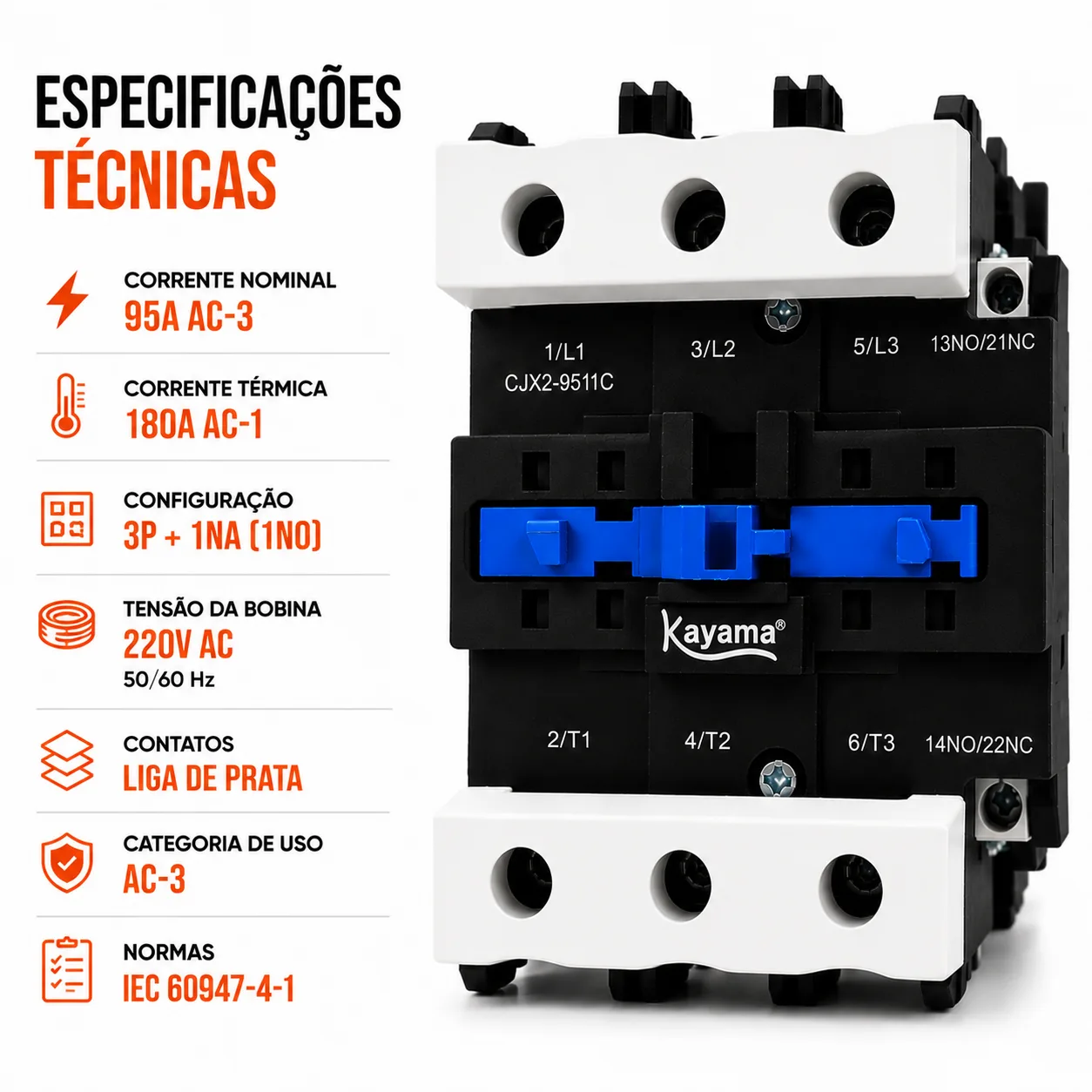 contator Tripolar CJX2-9511C - 220V- 50/60 HZ - KAYAMA — imagem 9