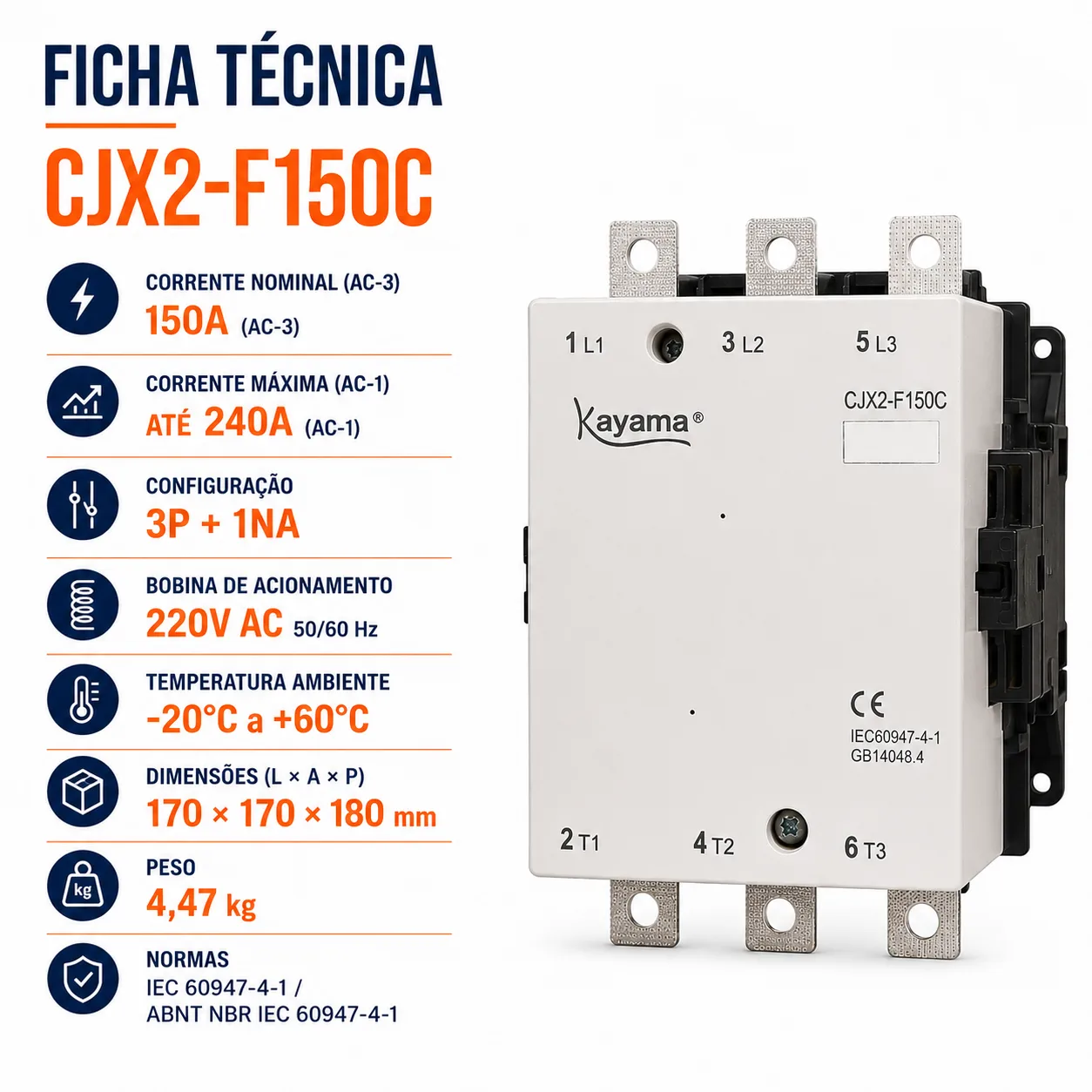 contator Tripolar CJX2-F150C - 220V- 50/60 HZ - KAYAMA — imagem 6