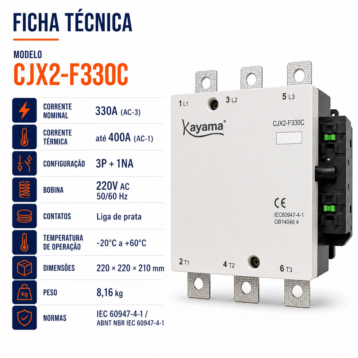 contator Tripolar CJX2-F330C - 220V- 50/60 HZ - KAYAMA — imagem 6