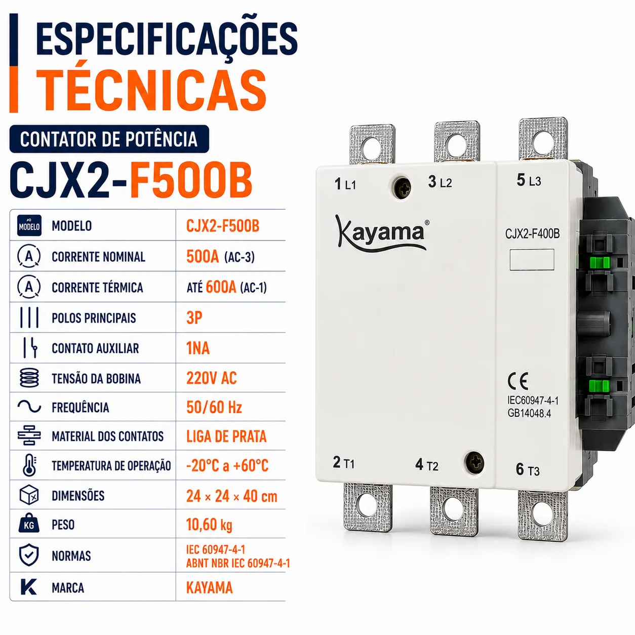 contator Tripolar CJX2-F500B - 220V- 50/60 HZ - KAYAMA — imagem 7
