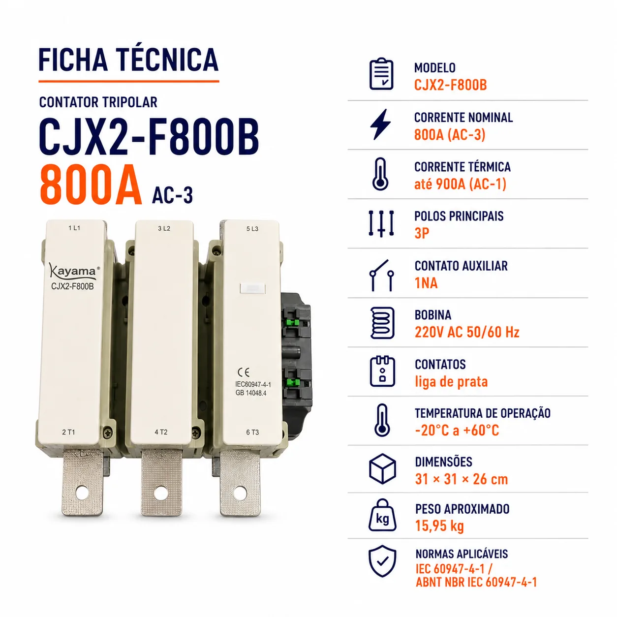 contator Tripolar CJX2-F800B - 220V- 50/60 HZ - KAYAMA — imagem 5