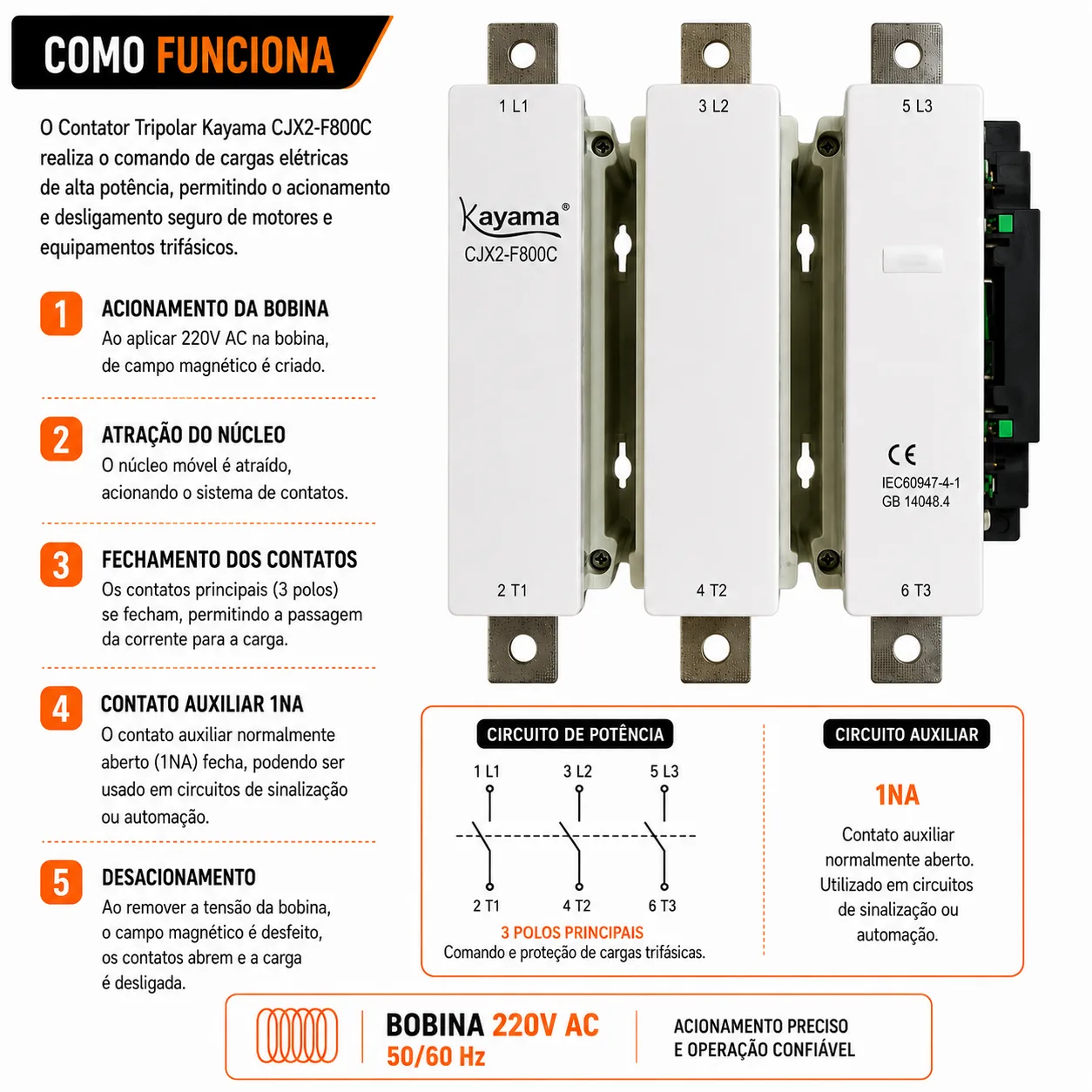 contator Tripolar CJX2-F800C - 220V- 50/60 HZ - KAYAMA — imagem 6