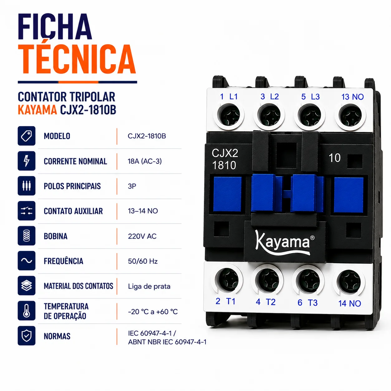 contator Tripolar CJX2-1810B - 220V- 50/60 HZ - KAYAMA — imagem 9