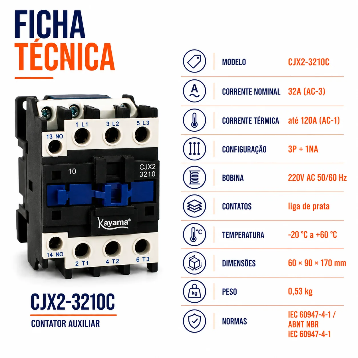 contator Tripolar CJX2-3210C - 220V- 50/60 HZ - KAYAMA — imagem 6