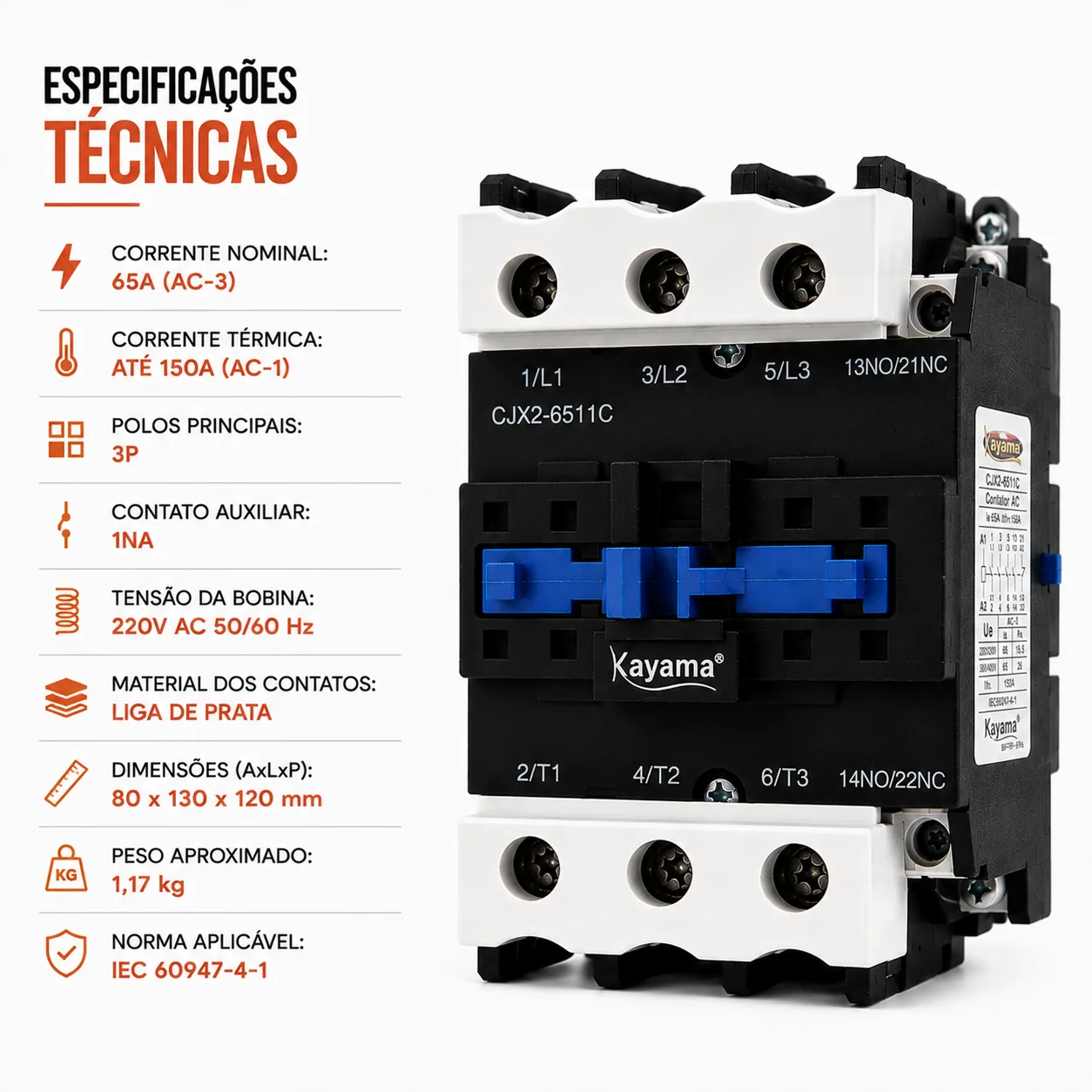 contator Tripolar CJX2-6511C - 220V- 50/60 HZ - KAYAMA — imagem 8