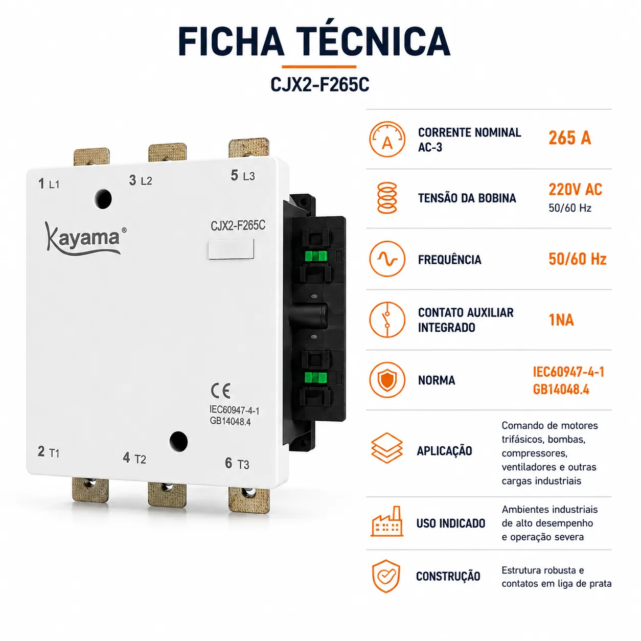 contator Tripolar CJX2-F265C - 220V- 50/60 HZ - KAYAMA — imagem 7