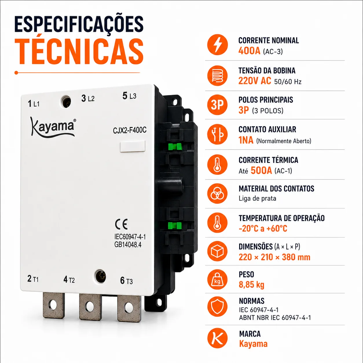 contator Tripolar CJX2-F400C - 220V- 50/60 HZ - KAYAMA — imagem 2