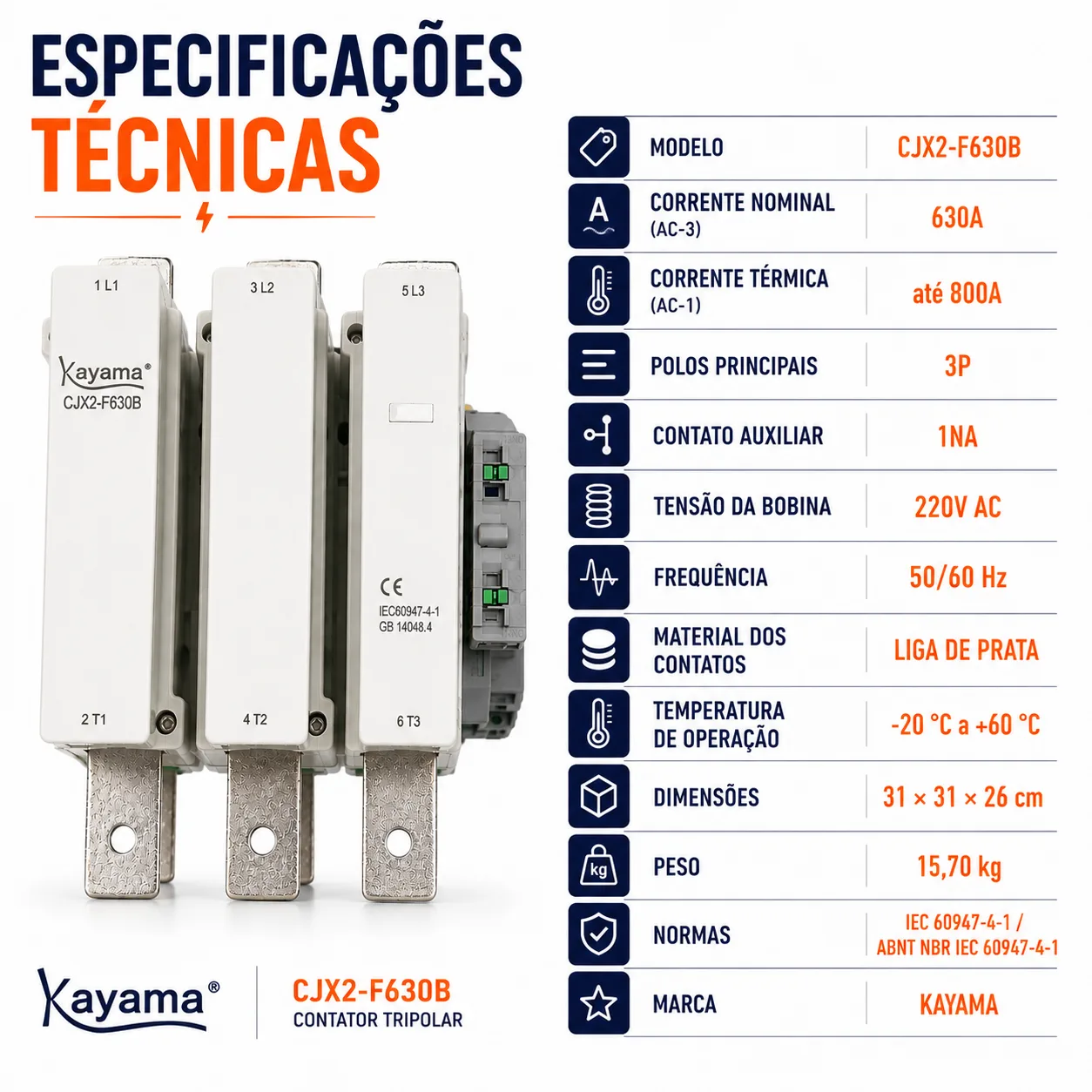 contator Tripolar CJX2-F630B - 220V- 50/60 HZ - KAYAMA — imagem 7