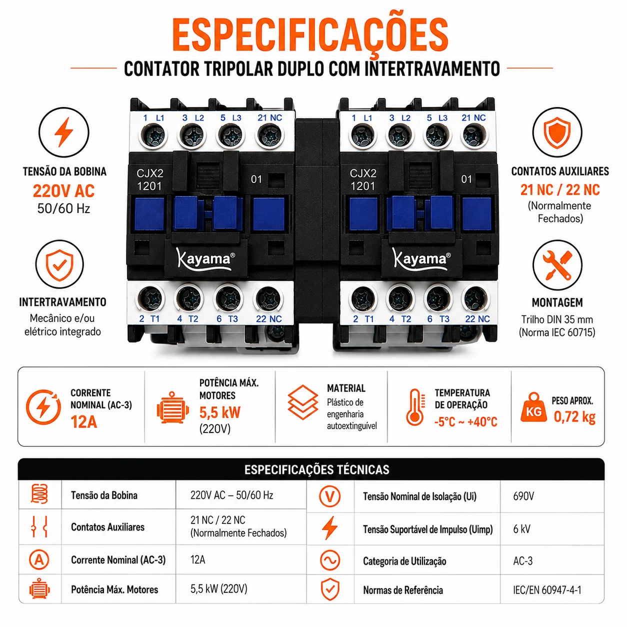 Contator Tripolar duplo CJX2-1210B - 220V- 50/60 HZ - com intertravamento - KAYAMA — imagem 8
