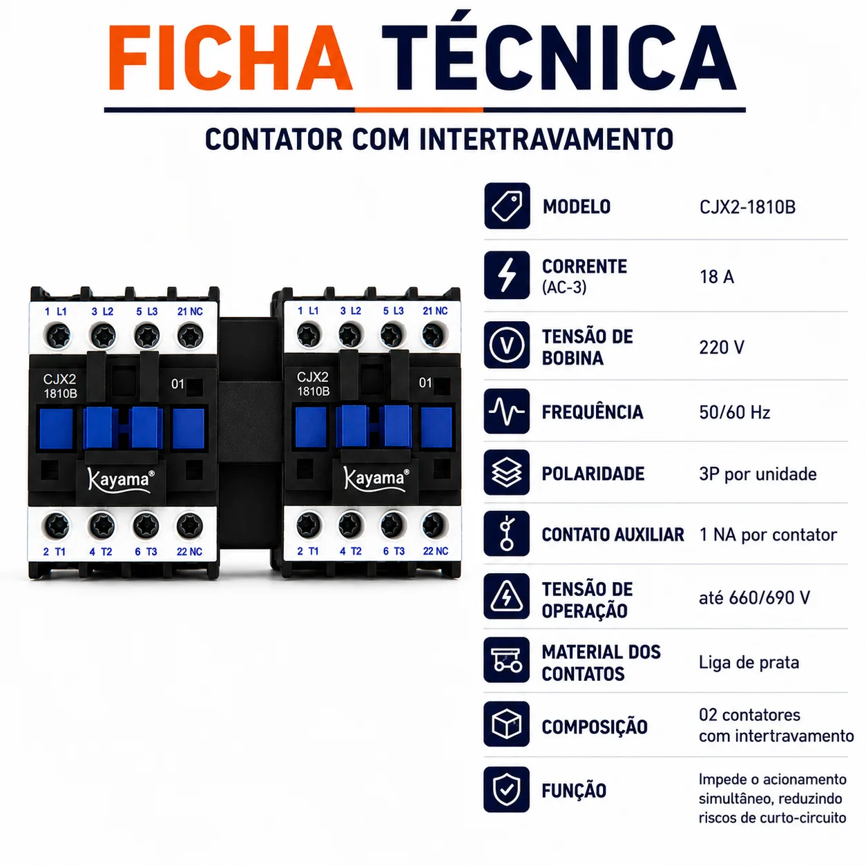 Contator Tripolar duplo CJX2-1810B - 220V- 50/60 HZ - com intertravamento - KAYAMA — imagem 8