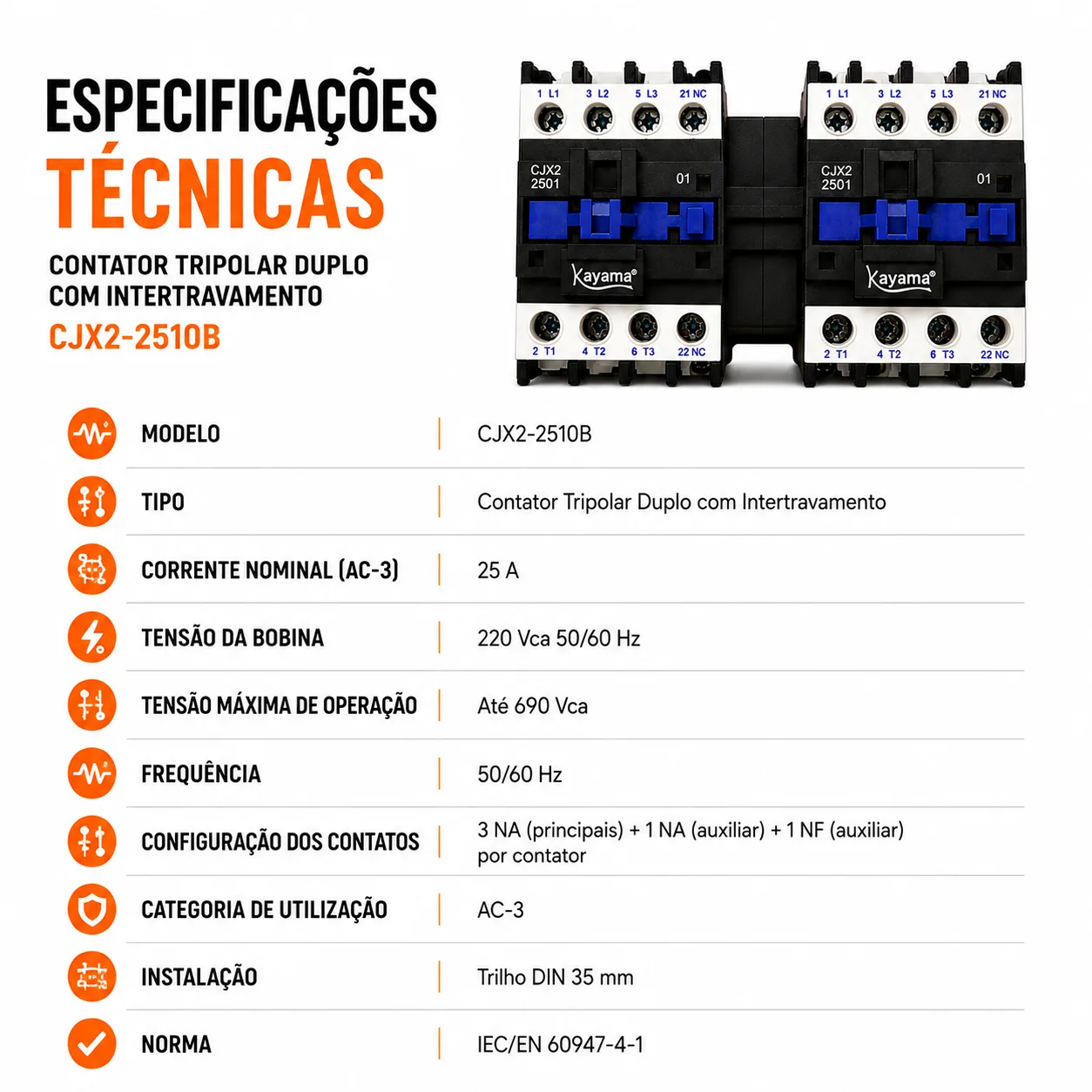 Contator Tripolar duplo CJX2-2510B - 220V- 50/60 HZ - com intertravamento - KAYAMA — imagem 9