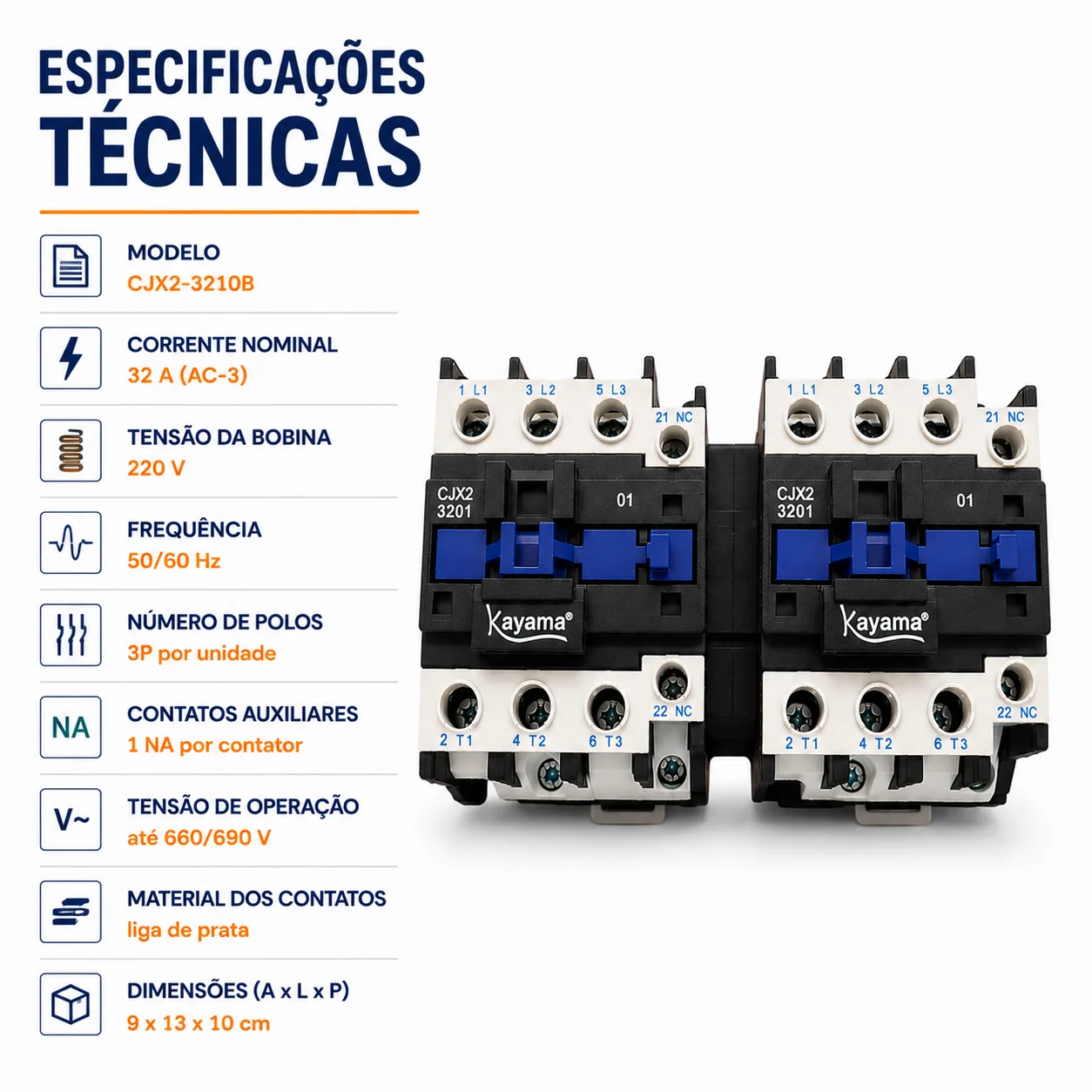 Contator Tripolar duplo CJX2-3210B - 220V- 50/60 HZ - com intertravamento - KAYAMA — imagem 7