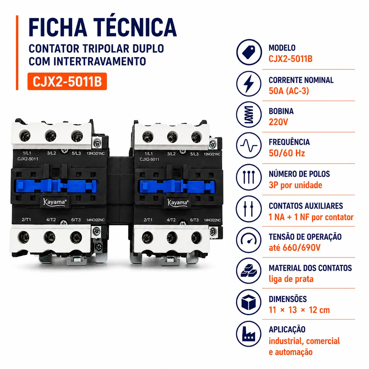 Contator Tripolar duplo CJX2-5011B - 220V- 50/60 HZ - com intertravamento - KAYAMA — imagem 5