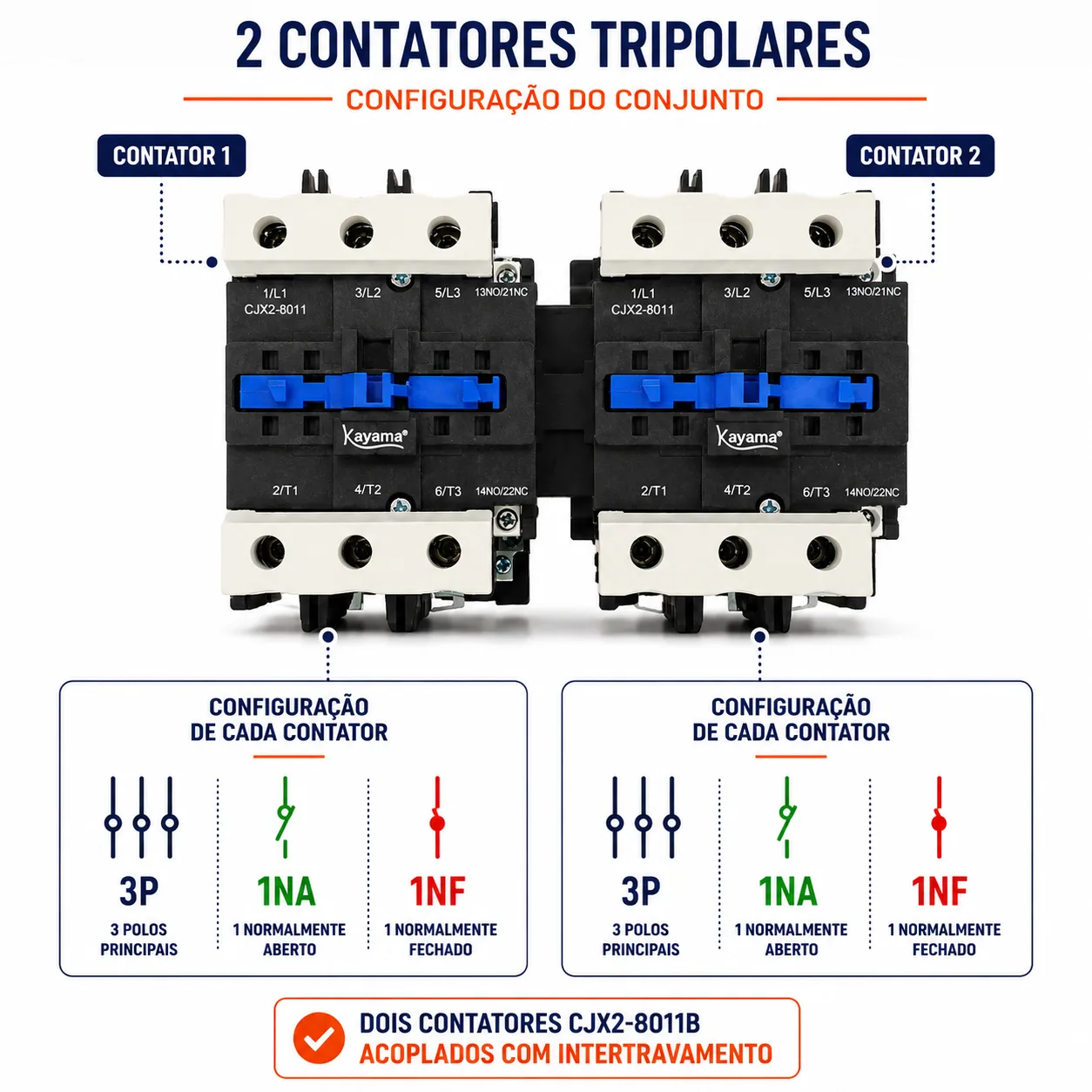 Contator Tripolar duplo CJX2-8011B - 220V- 50/60 HZ - com intertravamento - KAYAMA — imagem 3