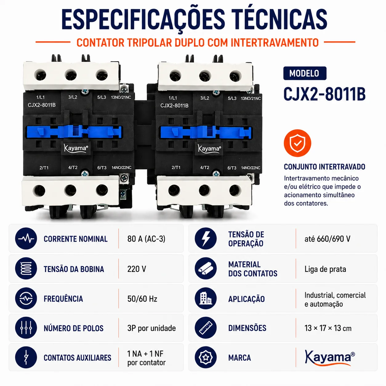 Contator Tripolar duplo CJX2-8011B - 220V- 50/60 HZ - com intertravamento - KAYAMA — imagem 6