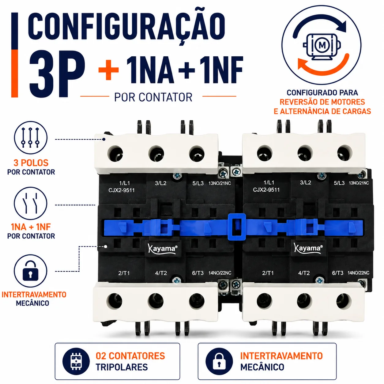 Contator Tripolar duplo CJX2-9511B - 220V- 50/60 HZ - com intertravamento - KAYAMA — imagem 3