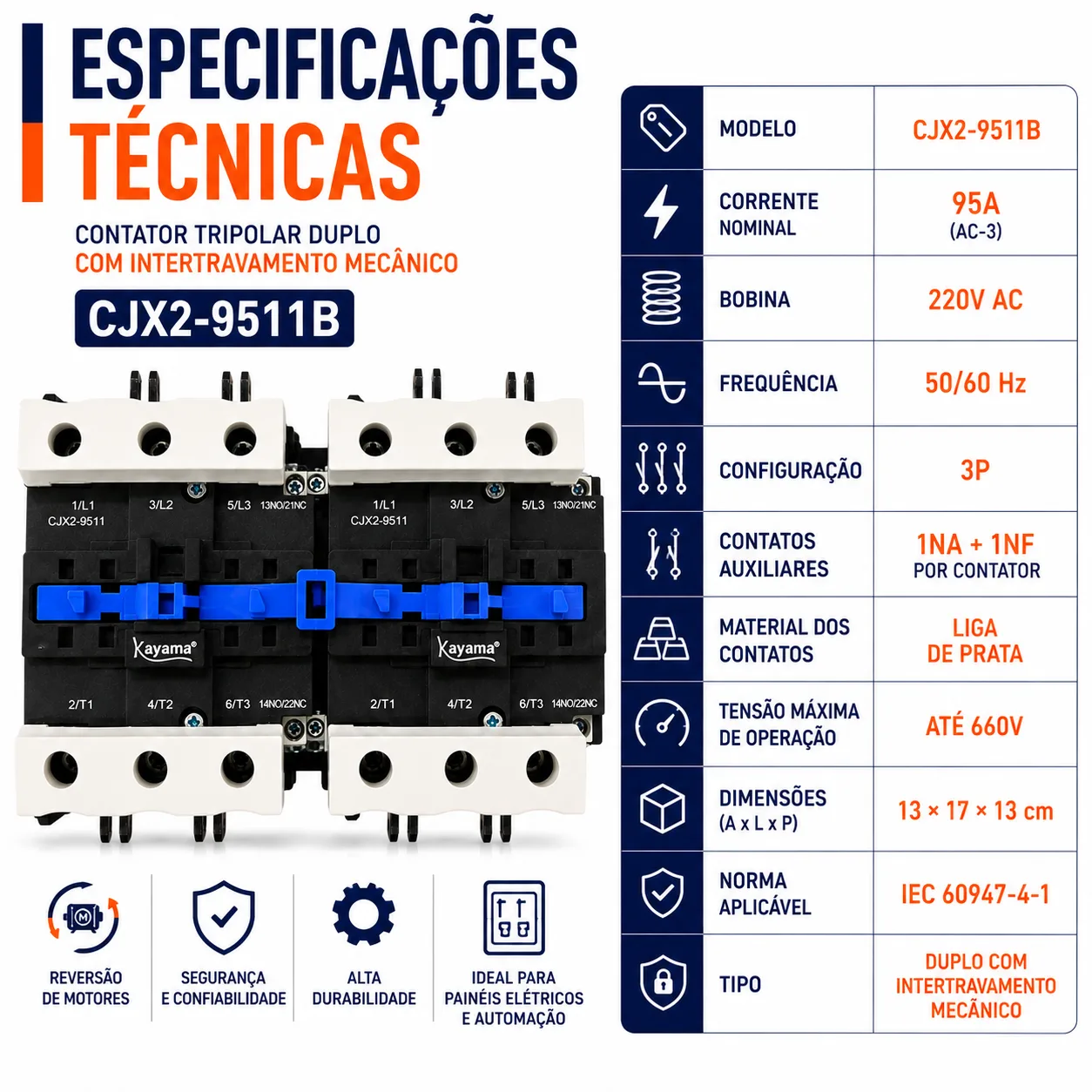 Contator Tripolar duplo CJX2-9511B - 220V- 50/60 HZ - com intertravamento - KAYAMA — imagem 7