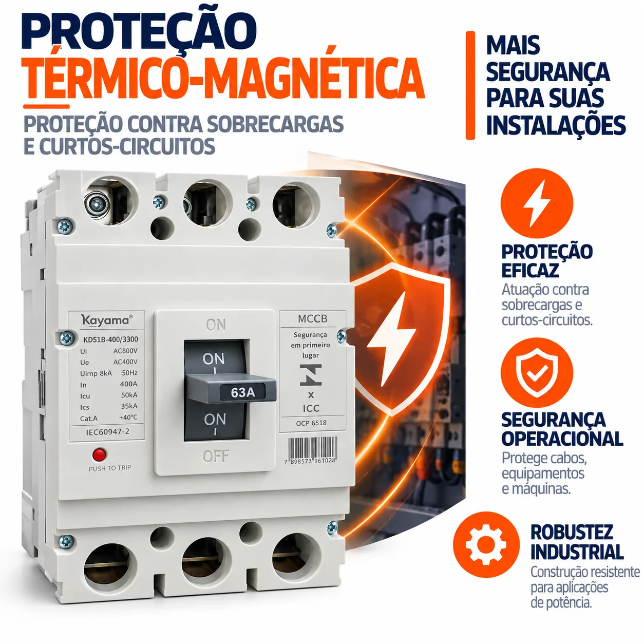 Disjuntor Caixa Moldada MCCB-KD630 -0363 - Tripolar 63A - KAYAMA — imagem 2