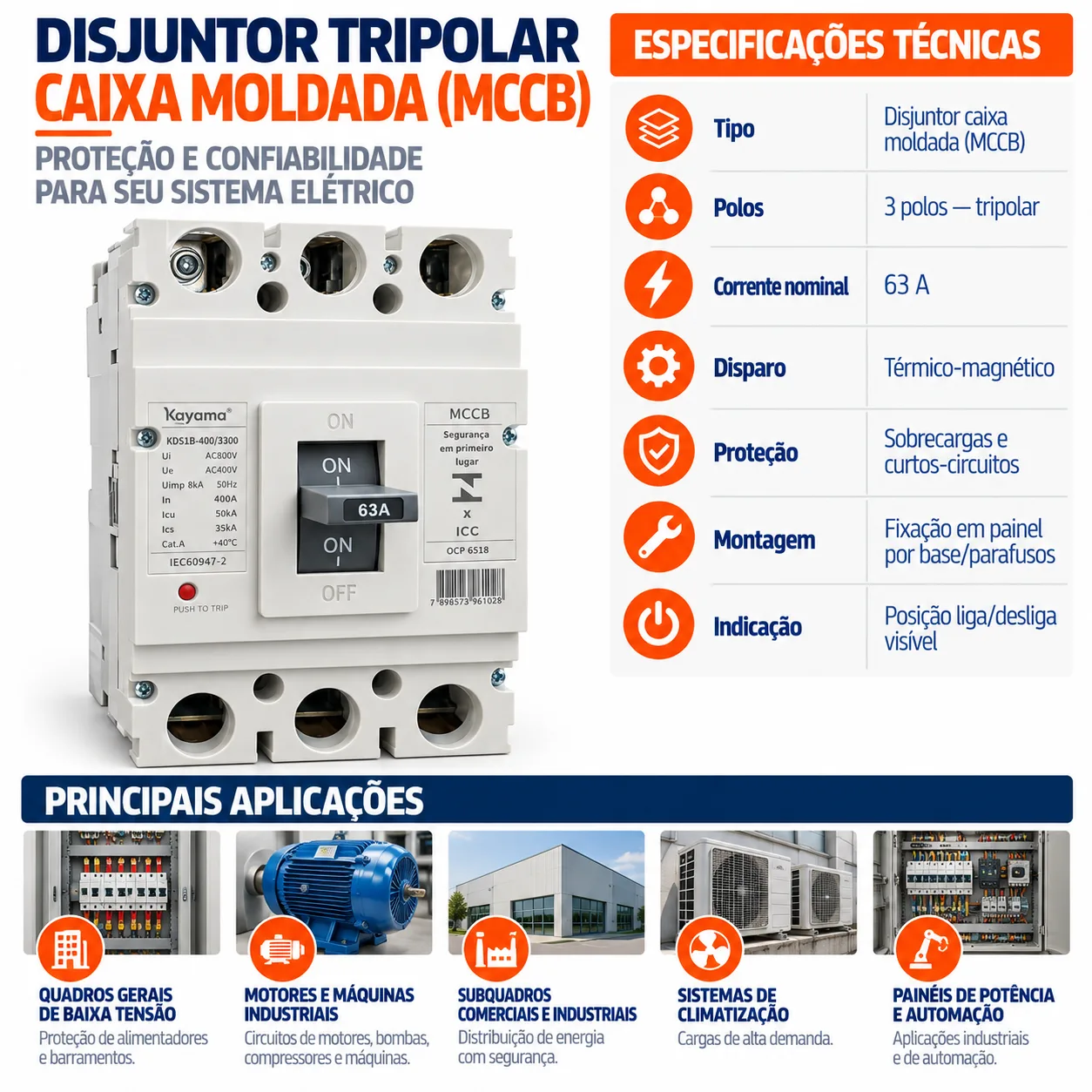 Disjuntor Caixa Moldada MCCB-KD630 -0363 - Tripolar 63A - KAYAMA — imagem 3