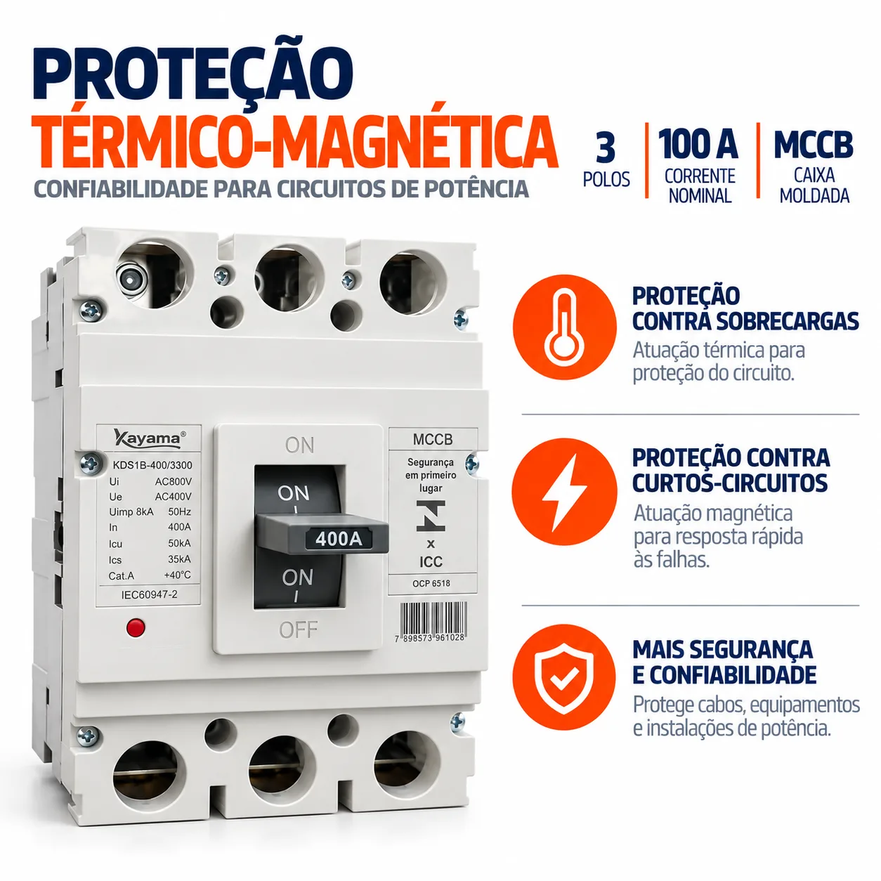 Disjuntor Caixa Moldada MCCB-KD630 -03100 - Tripolar 100A - KAYAMA — imagem 2