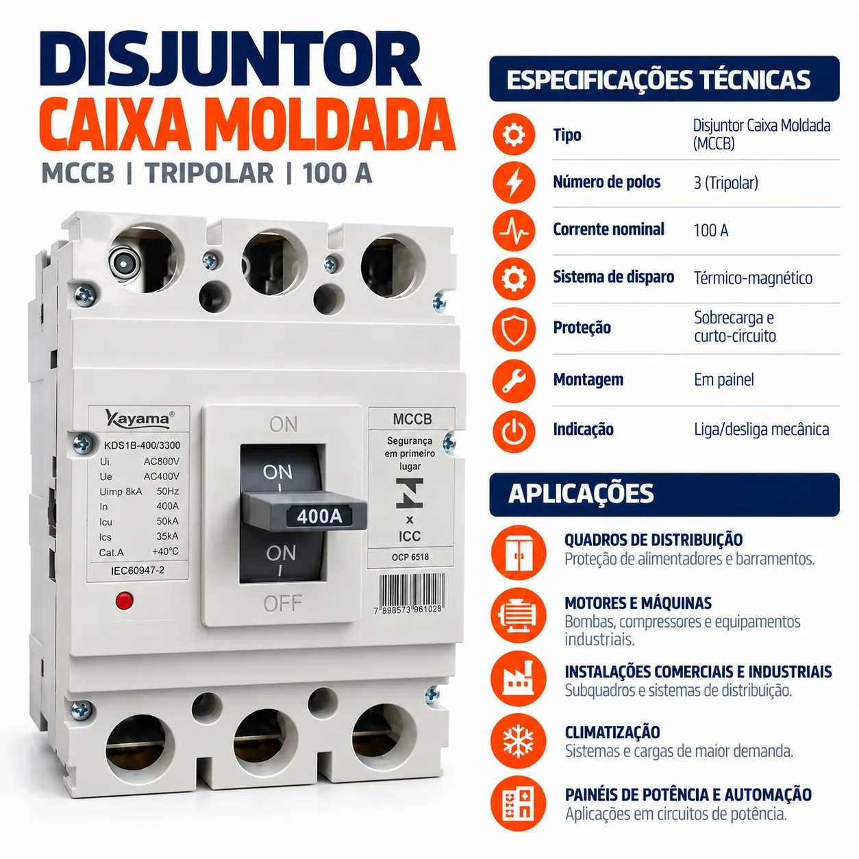 Disjuntor Caixa Moldada MCCB-KD630 -03100 - Tripolar 100A - KAYAMA — imagem 3