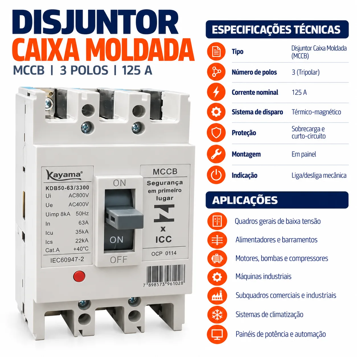 Disjuntor Caixa Moldada MCCB-KD630 -03125 - Tripolar 125A - KAYAMA — imagem 3