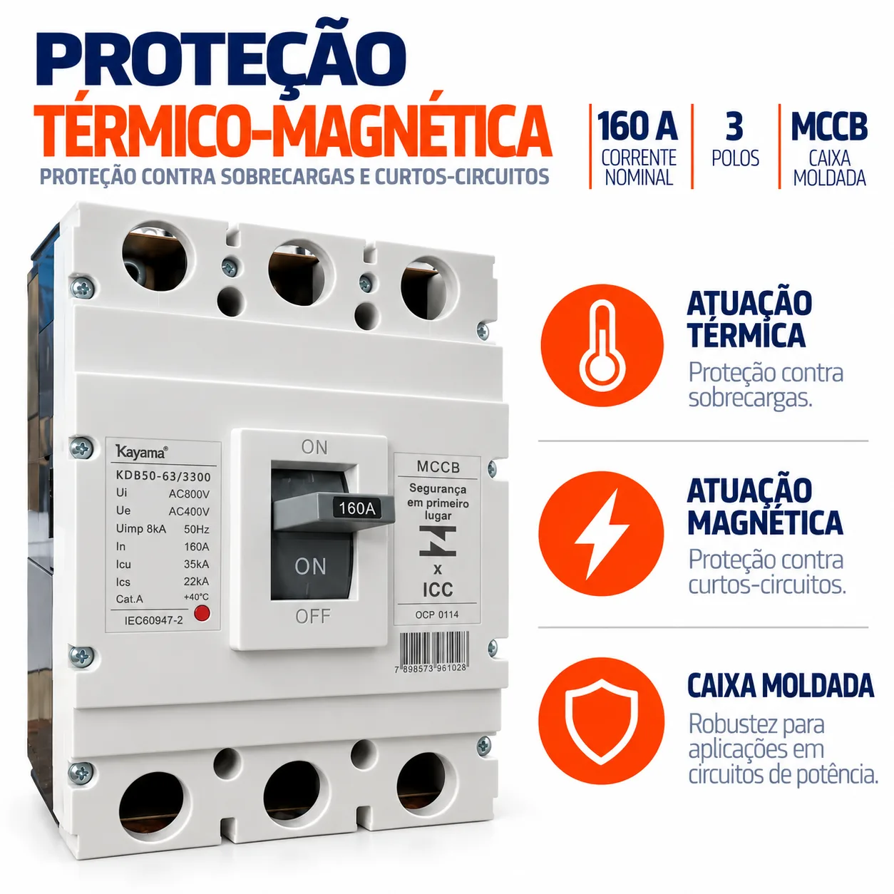 Disjuntor Caixa Moldada MCCB-KD630 -03160 - Tripolar 160A - KAYAMA — imagem 2