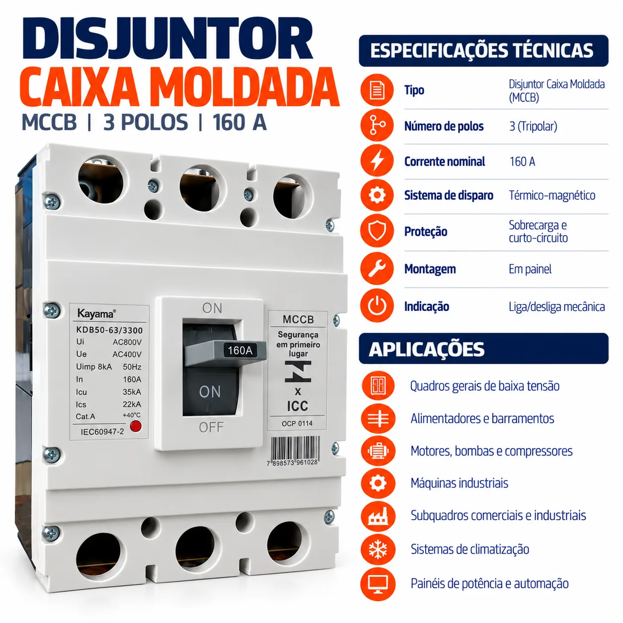 Disjuntor Caixa Moldada MCCB-KD630 -03160 - Tripolar 160A - KAYAMA — imagem 3