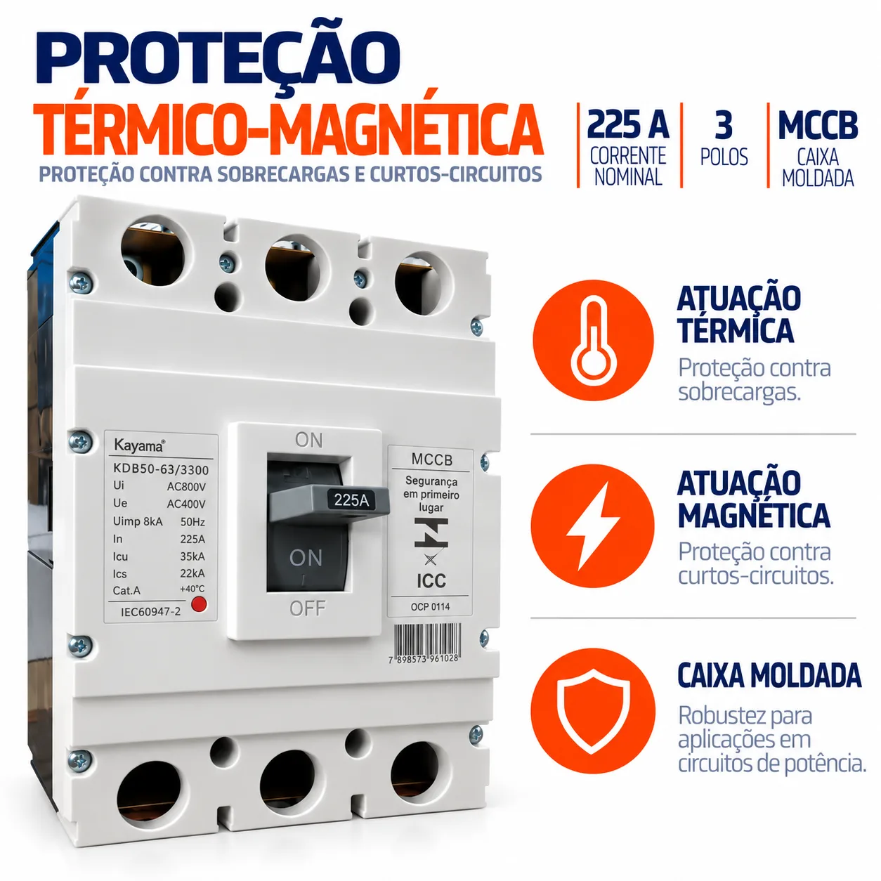 Disjuntor Caixa Moldada MCCB-KD630 -03225 - Tripolar 225A - KAYAMA — imagem 2