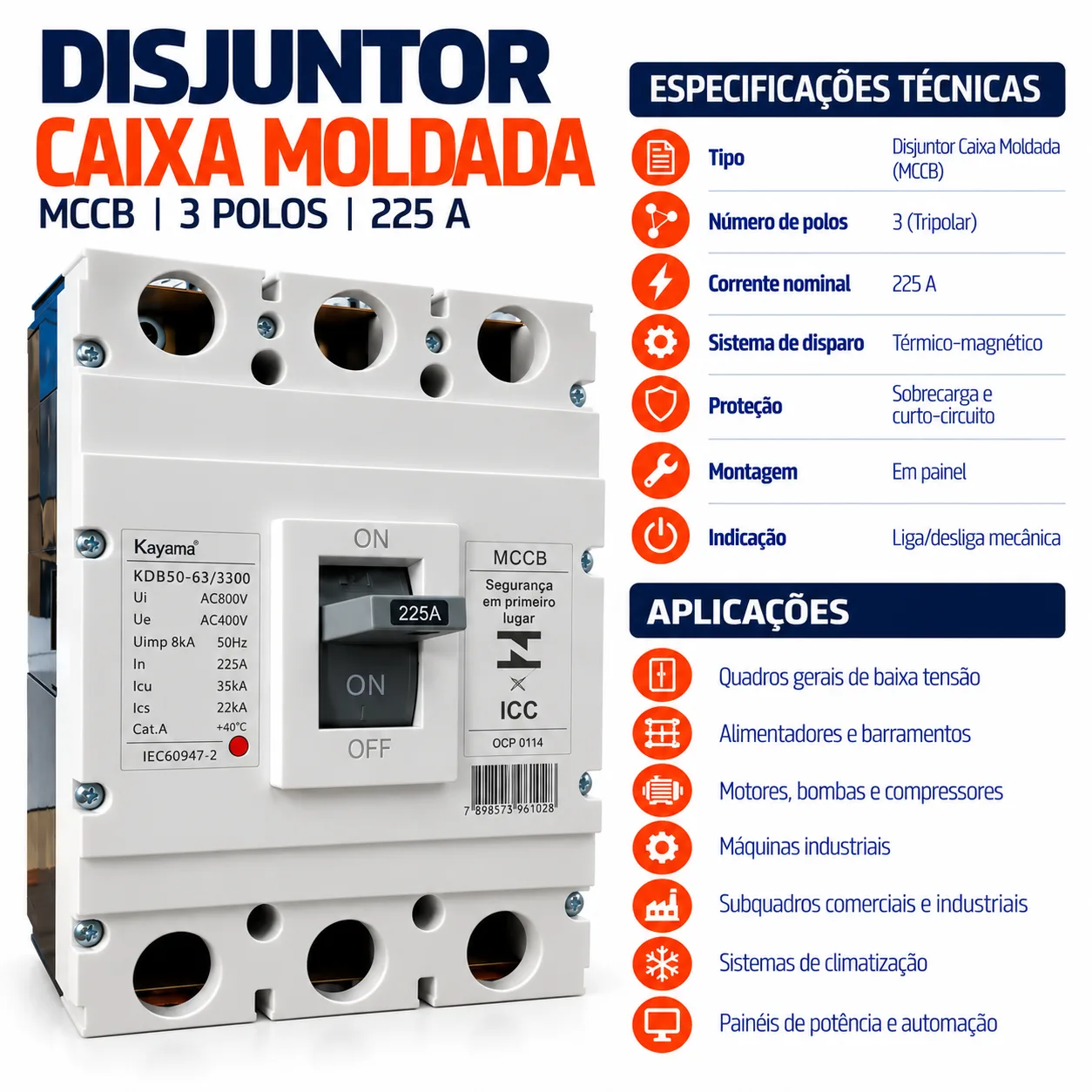 Disjuntor Caixa Moldada MCCB-KD630 -03225 - Tripolar 225A - KAYAMA — imagem 3