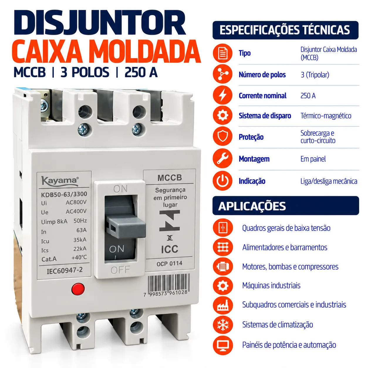 Disjuntor Caixa Moldada MCCB-KD630 -03250 - Tripolar 250A - KAYAMA — imagem 3