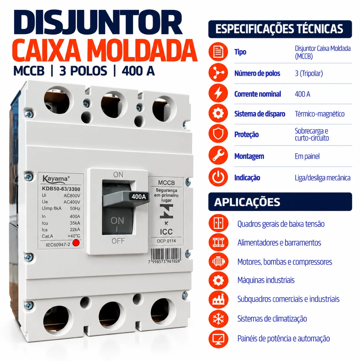 Disjuntor Caixa Moldada MCCB-KD630 -03400 - Tripolar 400A - KAYAMA — imagem 3
