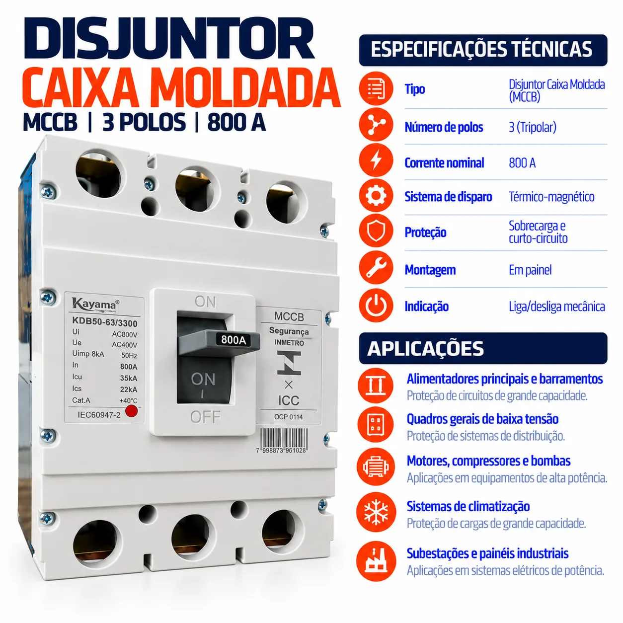 Disjuntor Caixa Moldada MCCB-KD630 -03800 - Tripolar 800A - KAYAMA — imagem 3