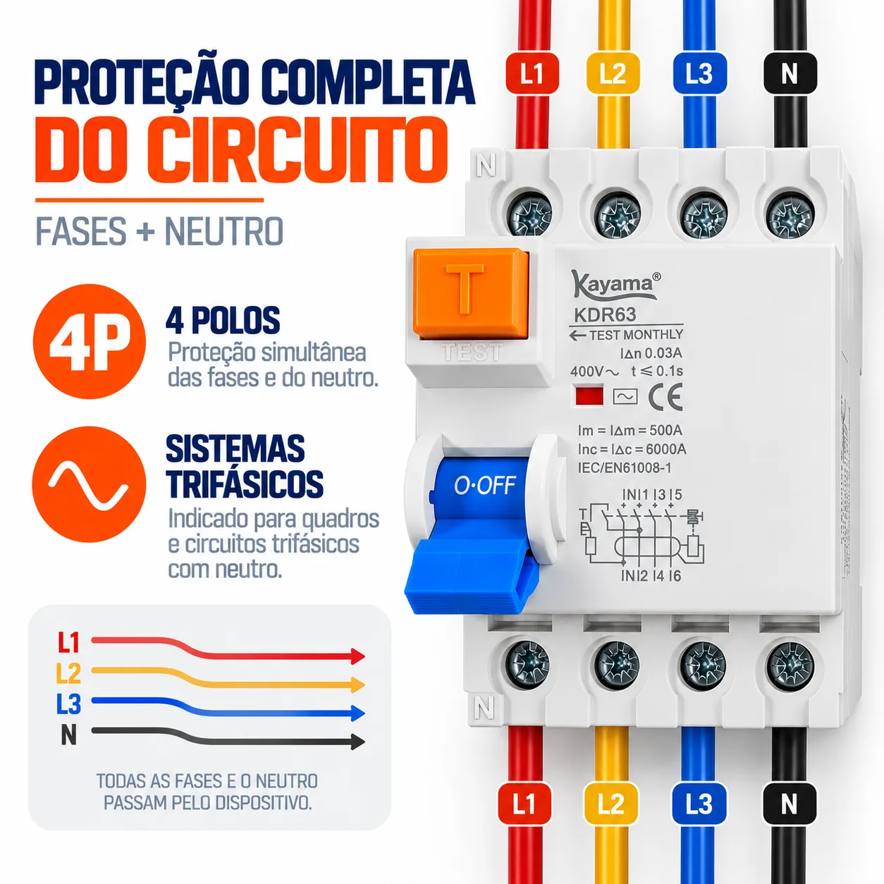 Disjuntor RCCB-KDR63 -0463 - Diferencial Residual 4P 63A - KAYAMA — imagem 3