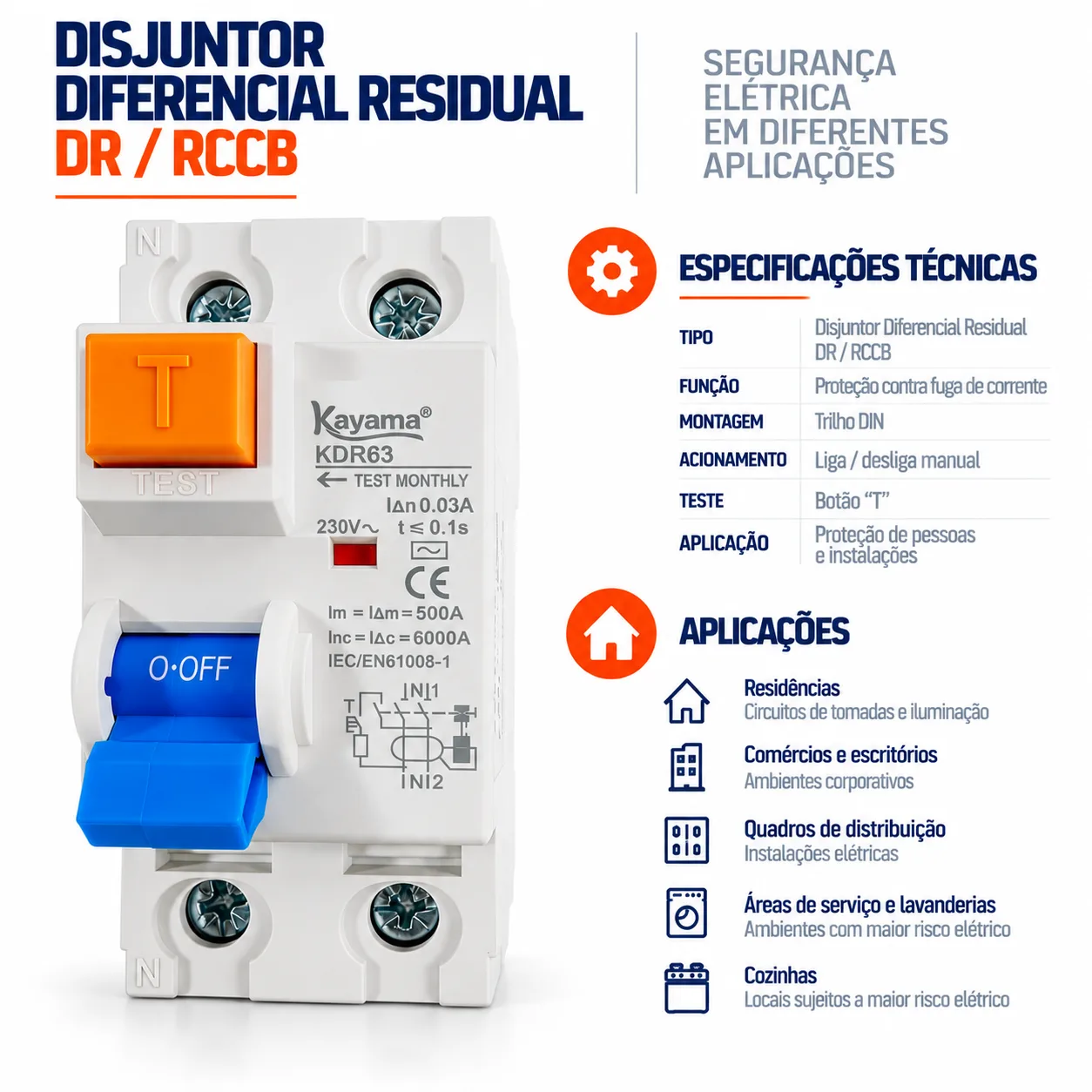Disjuntor RCCB-KDR63 -0225 - Diferencial Residual 2P 25A - KAYAMA — imagem 3