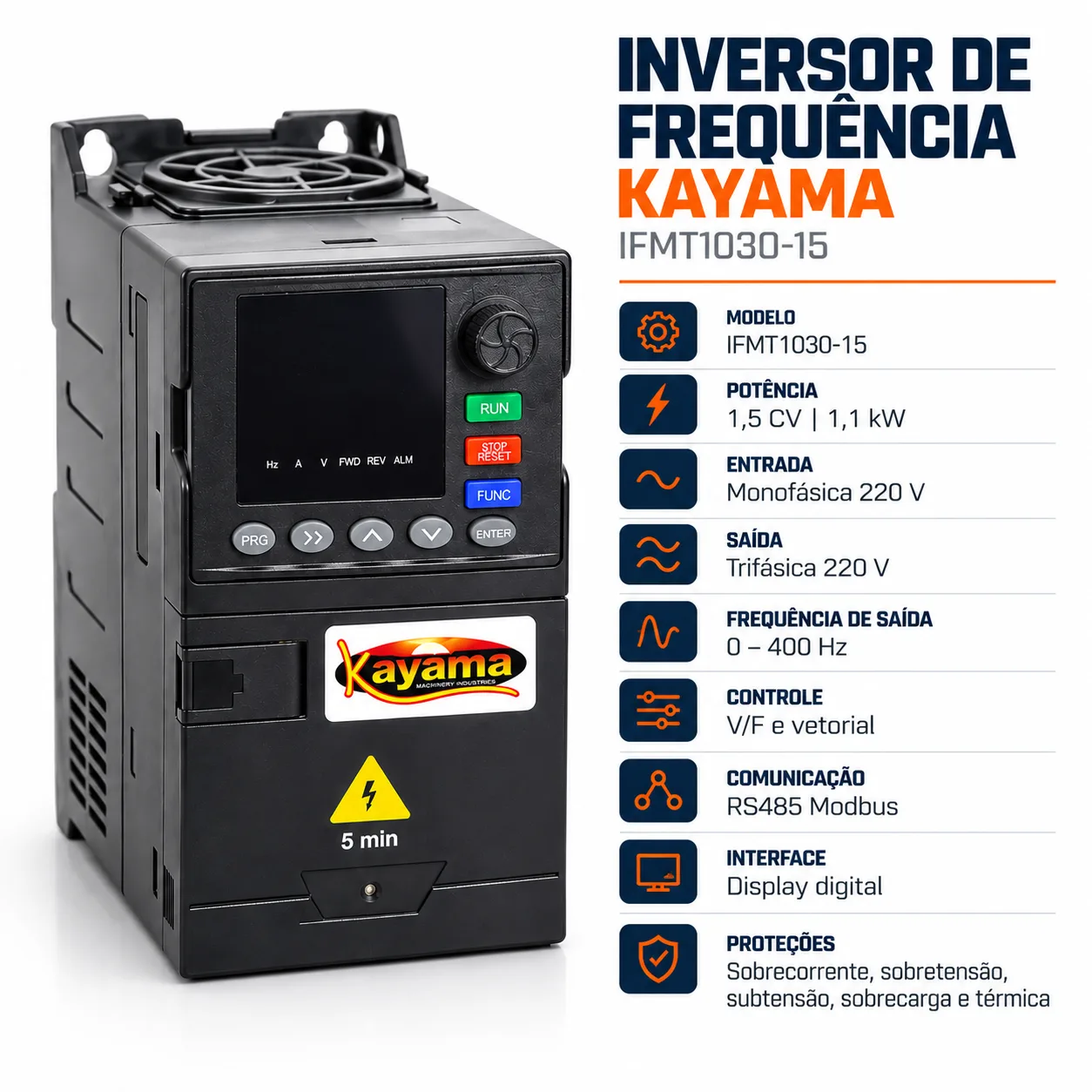 Inversor de Frequência Monofásico/Trifásico 1,5 CV 220V IFMT1030-15 Kayama — imagem 4