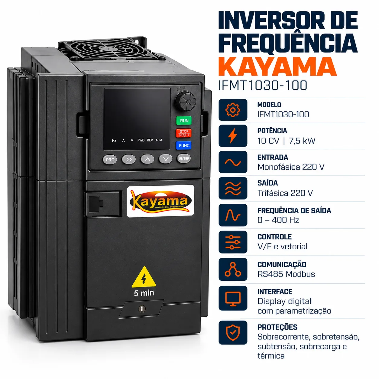 Inversor de Frequência Monofásico/Trifásico 10 CV 220V IFMT1030-100 Kayama — imagem 4