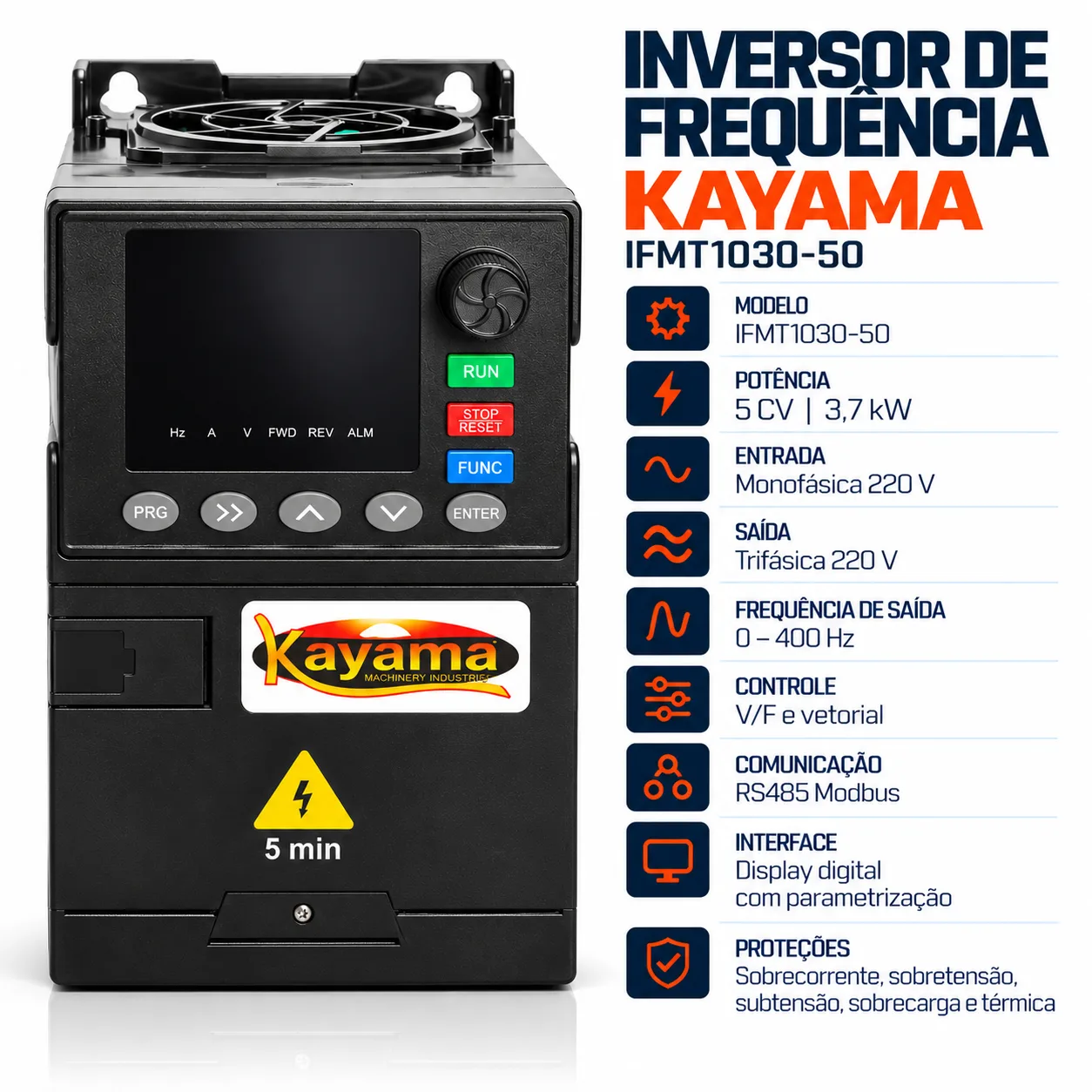 Inversor de Frequência Monofásico/Trifásico 5 CV 220V IFMT1030-50 Kayama — imagem 4