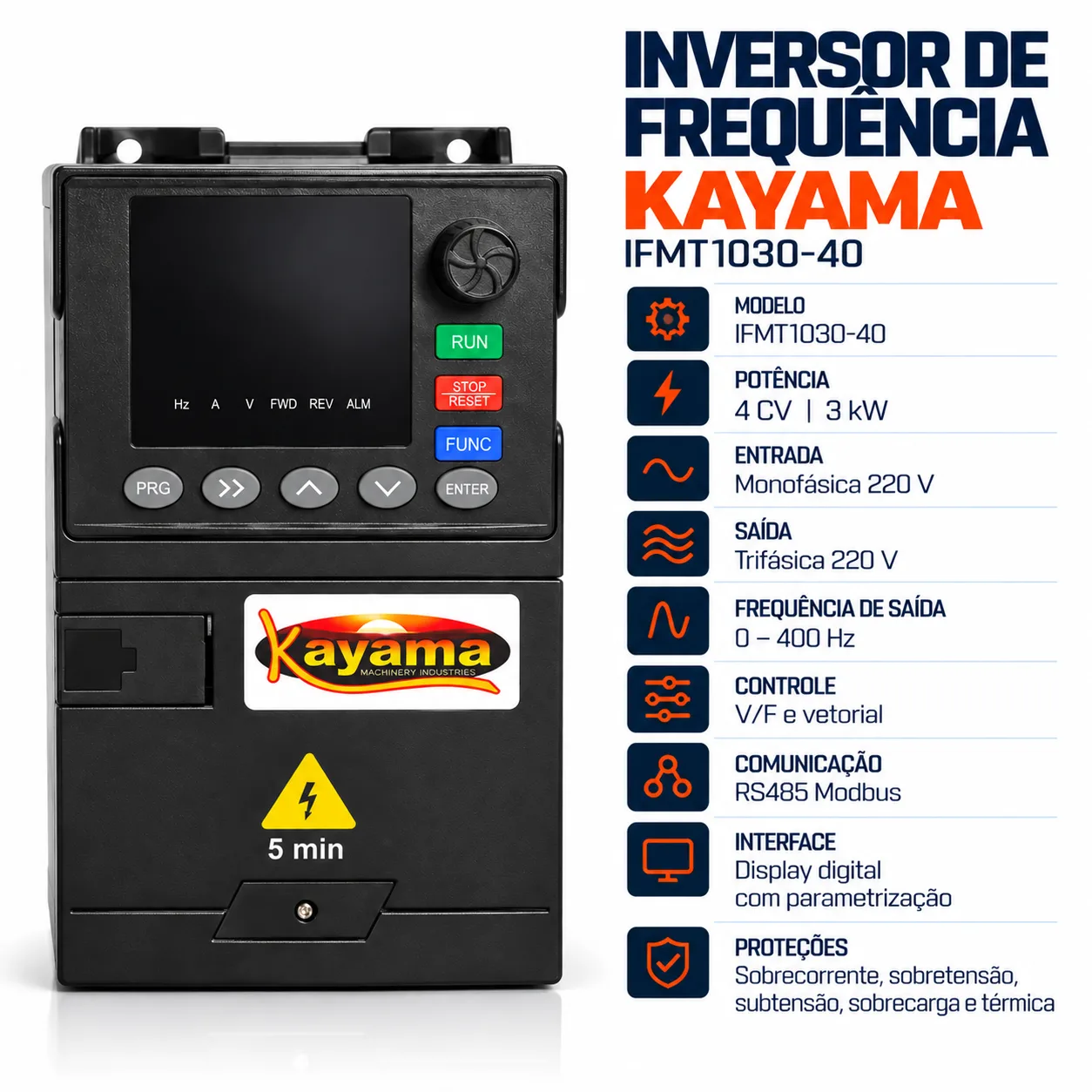 Inversor de Frequência Monofásico/Trifásico 4 CV 220V IFMT1030-40 Kayama — imagem 4